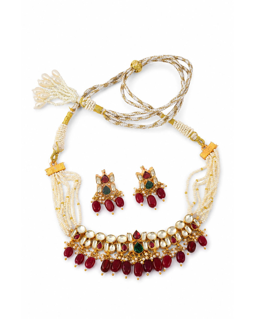 Handcrafted Kundan & Pearl Choker Set: Traditional Indian Necklace with Ruby Emerald Accents