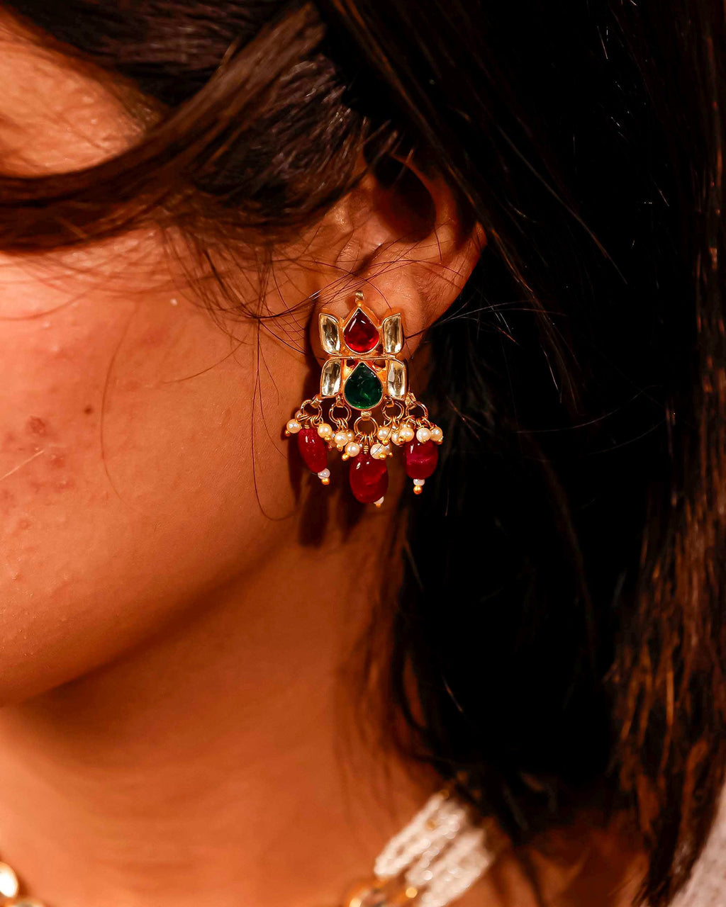 Handcrafted Kundan & Pearl Choker Set: Traditional Indian Necklace with Ruby Emerald Accents