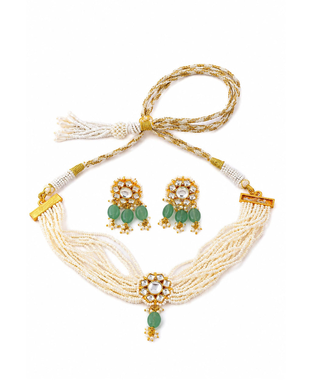 Elegant Multi-Strand Pearl Choker Set with Kundan & Mint Green Beads - Traditional Indian Jewelry
