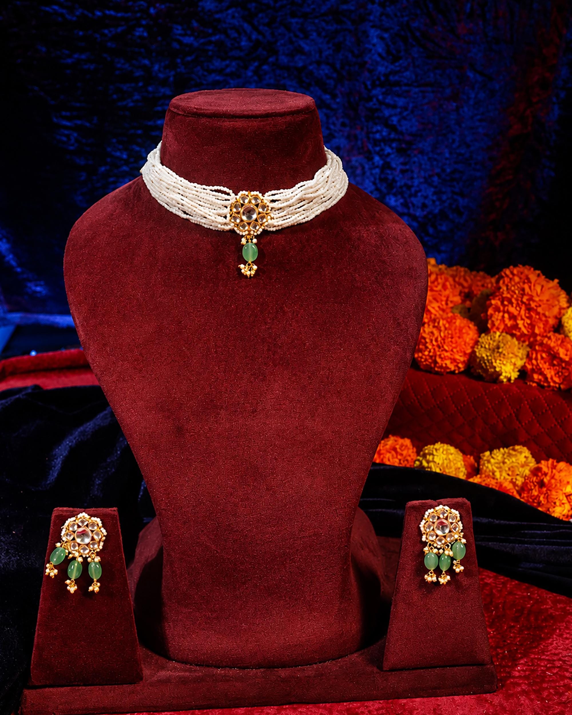 Elegant Multi-Strand Pearl Choker Set with Kundan & Mint Green Beads - Traditional Indian Jewelry