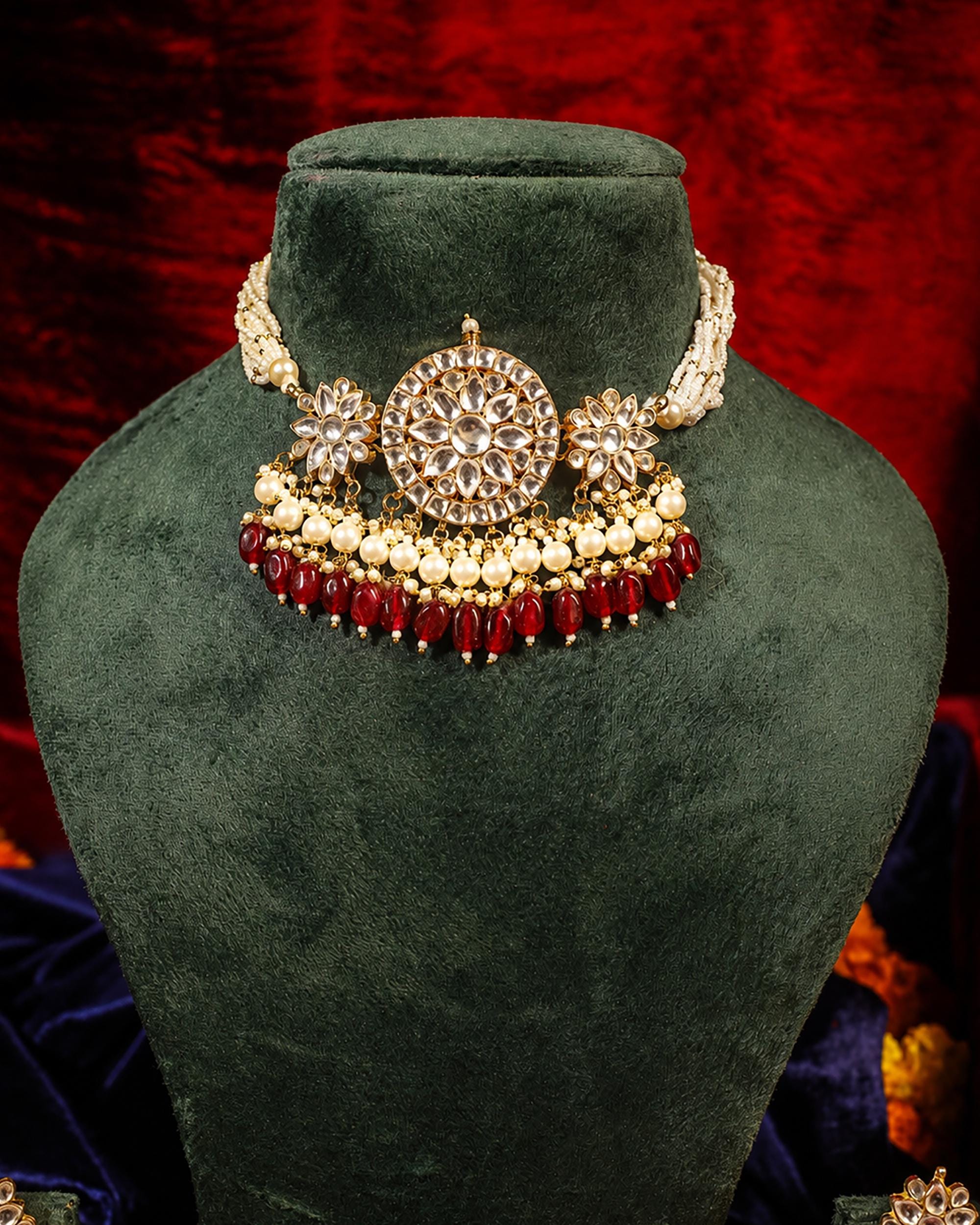 Regal Kundan & Pearl Choker Set - Traditional Indian Necklace with Ruby Accents - Heritage Jewelry