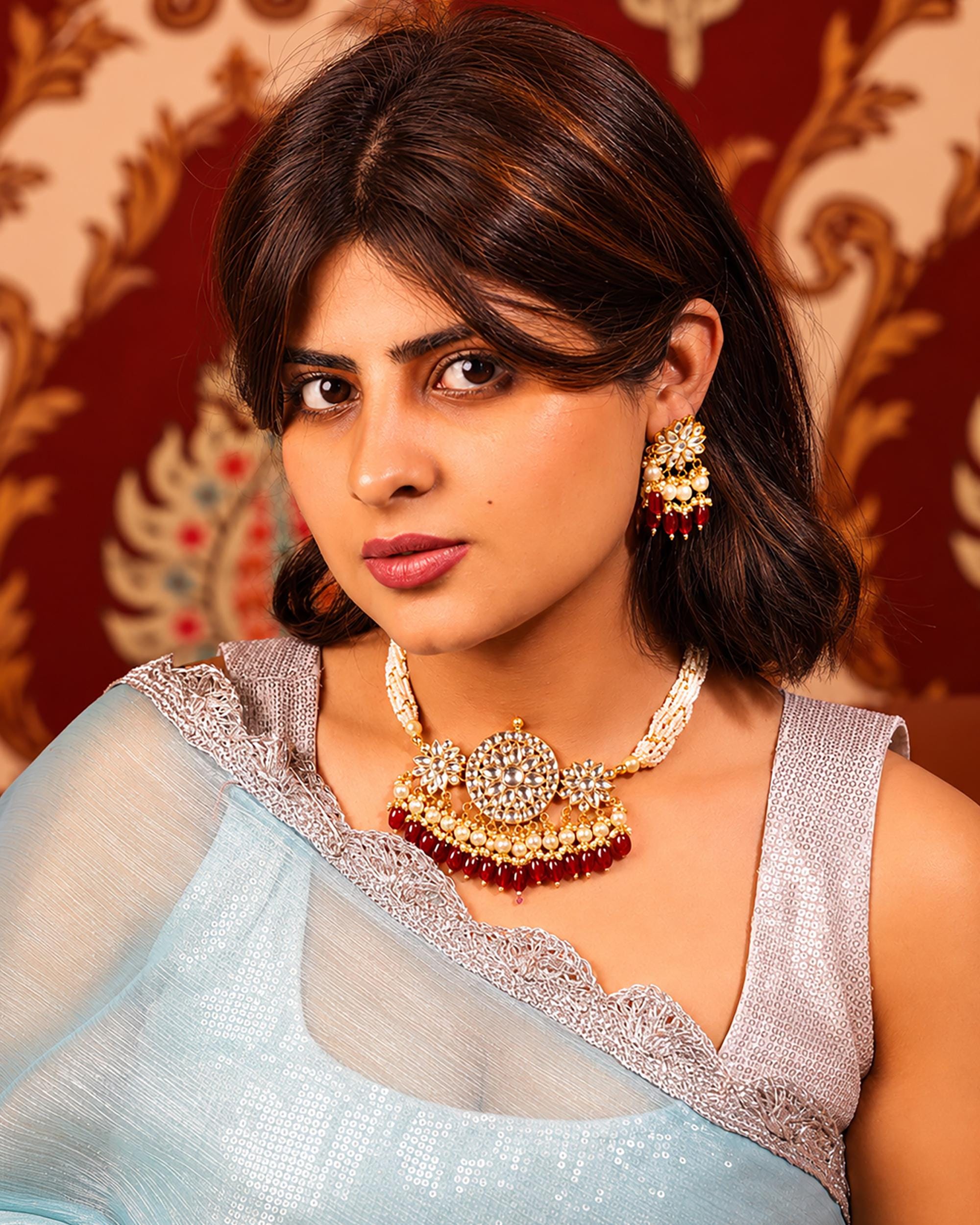 Regal Kundan & Pearl Choker Set - Traditional Indian Necklace with Ruby Accents - Heritage Jewelry