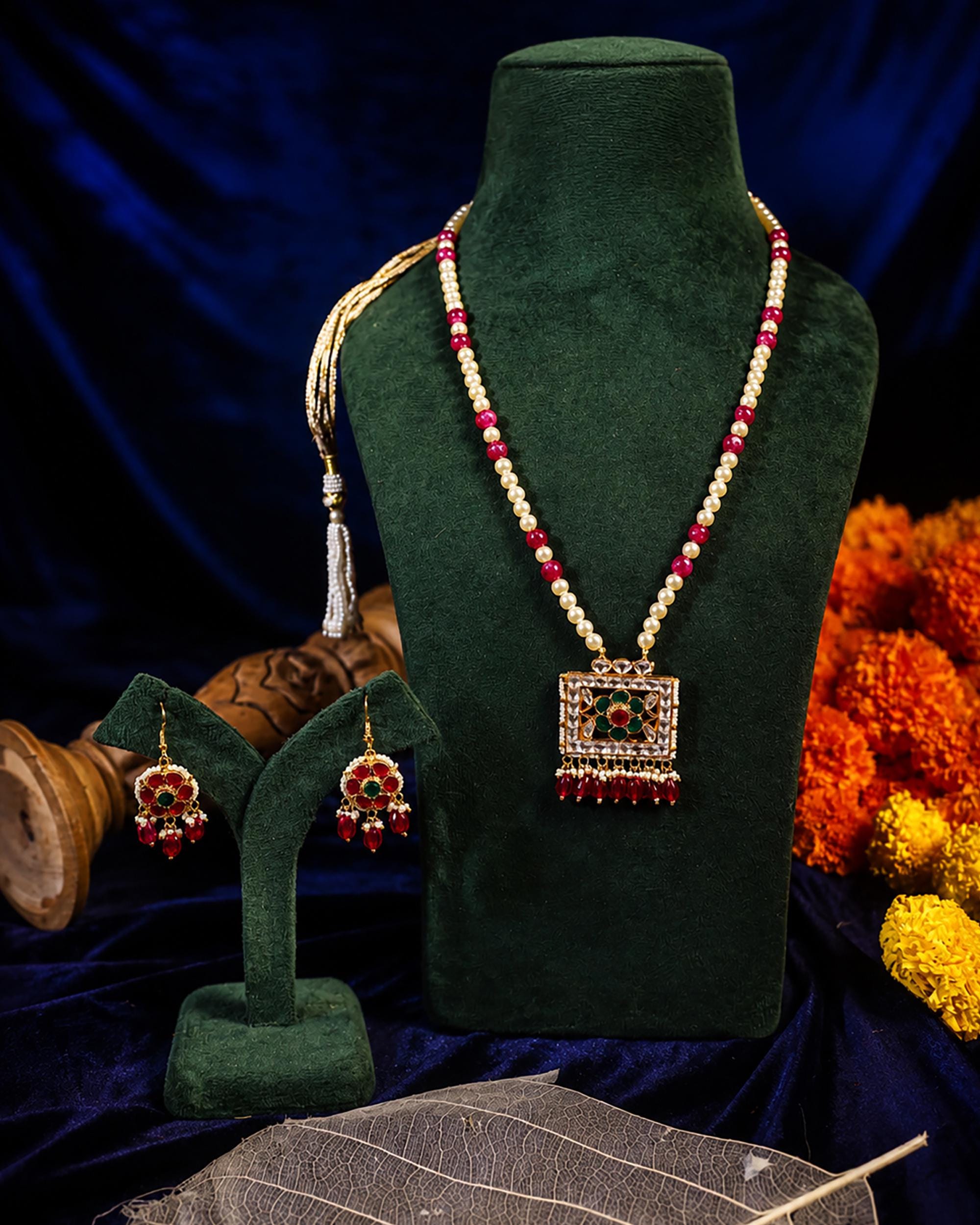 Traditional Kundan & Pearl Long Necklace Set with Ruby Emerald Floral Pendant - Heritage Jewelry