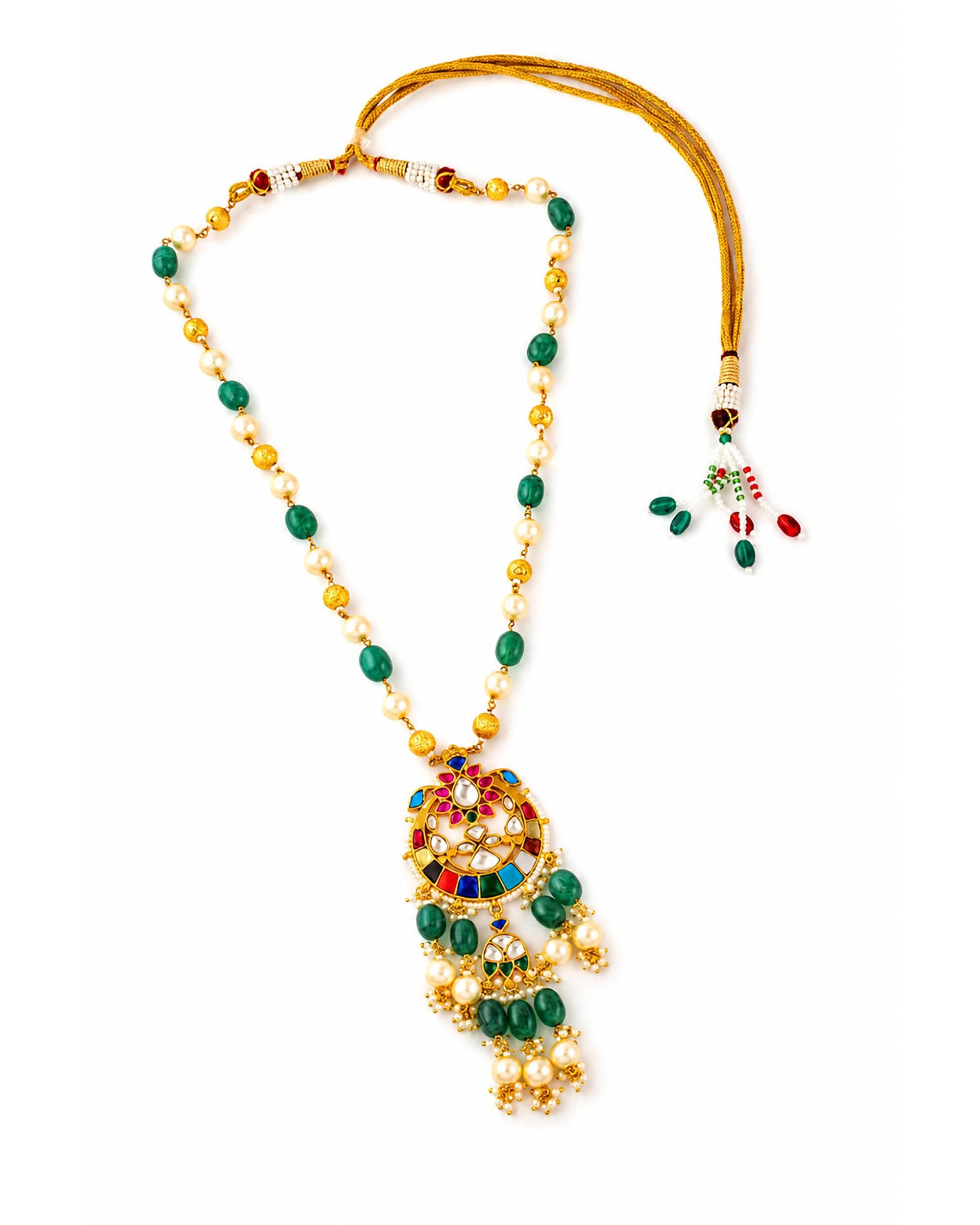 Collar largo de Kundan multicolor hecho a mano: Joyería de herencia con esmeraldas y perlas
