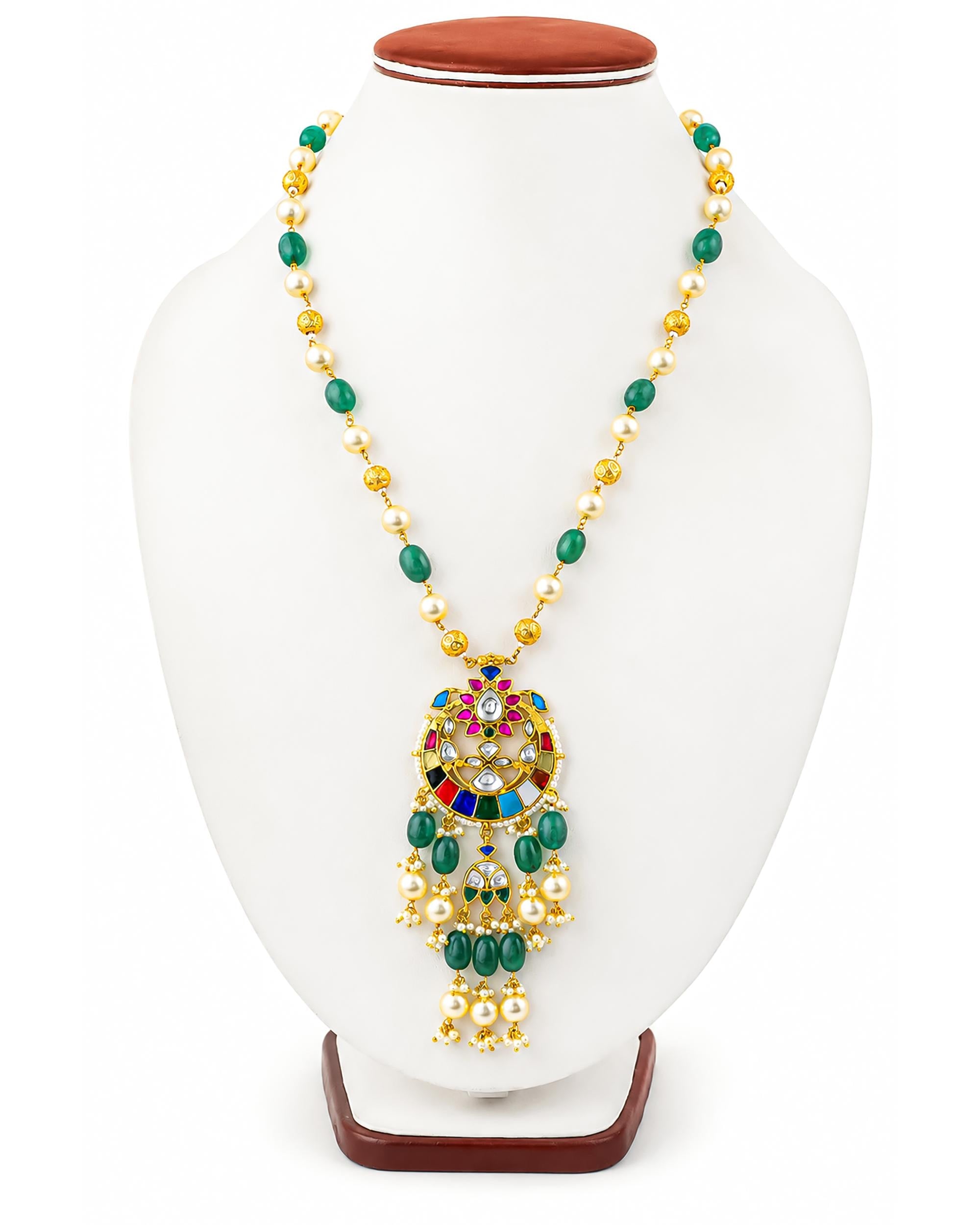 Collar largo de Kundan multicolor hecho a mano: Joyería de herencia con esmeraldas y perlas