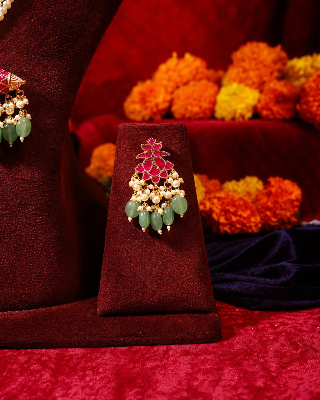 Traditional Indian Long Necklace Set: Pearl & Green Bead Mala with Ruby-Tone Motif