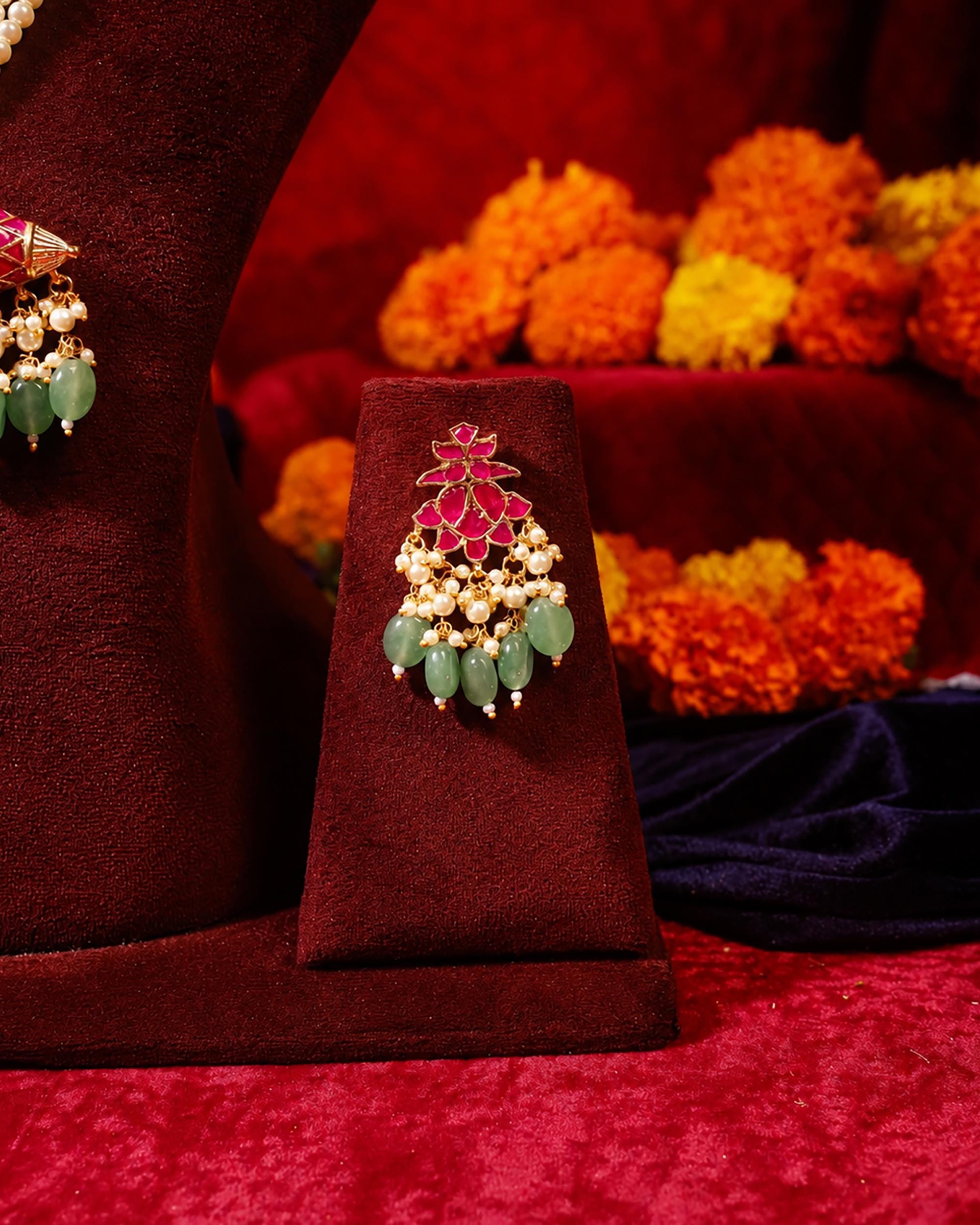 Traditional Indian Long Necklace Set: Pearl & Green Bead Mala with Ruby-Tone Motif