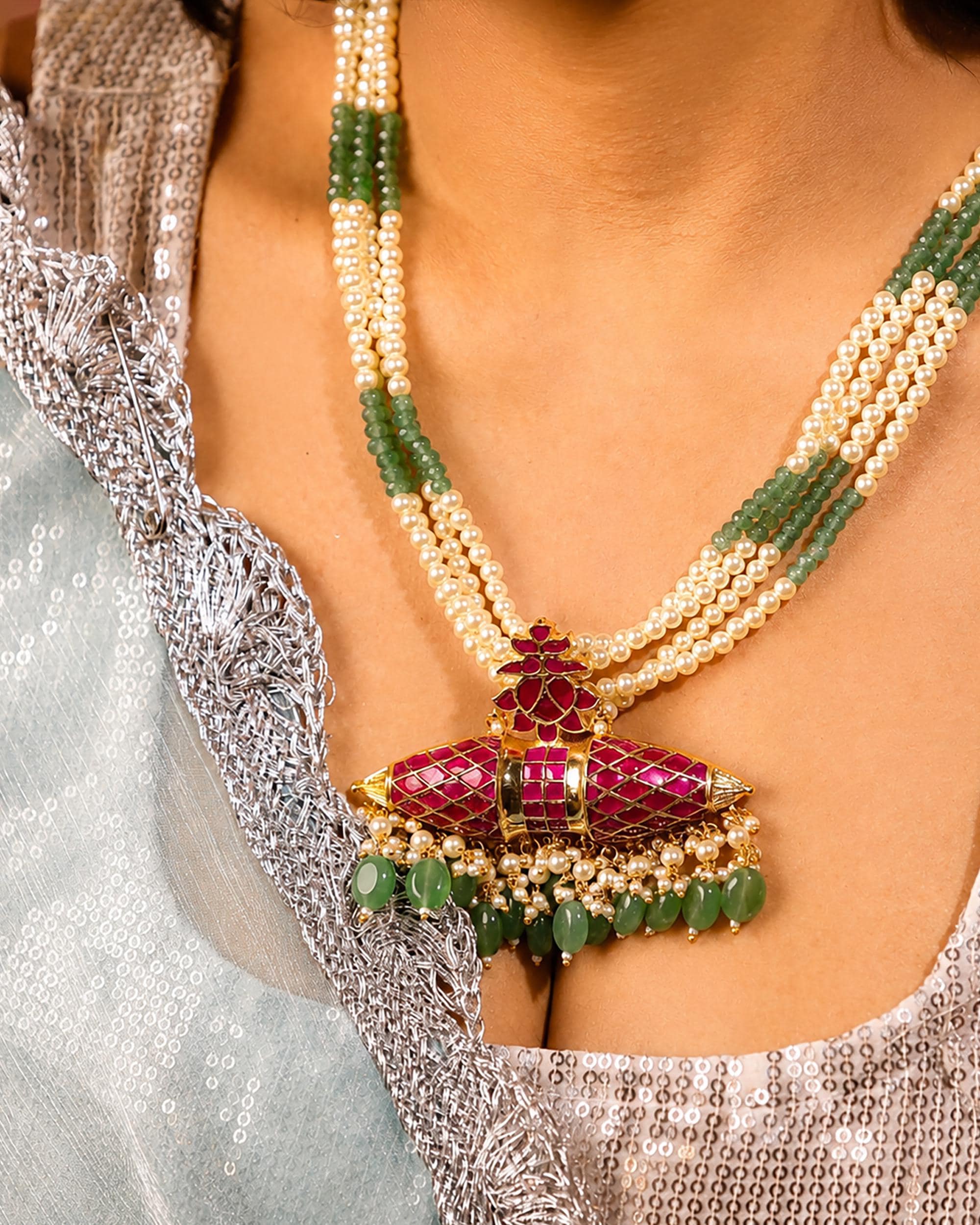 Traditional Indian Long Necklace Set: Pearl & Green Bead Mala with Ruby-Tone Motif