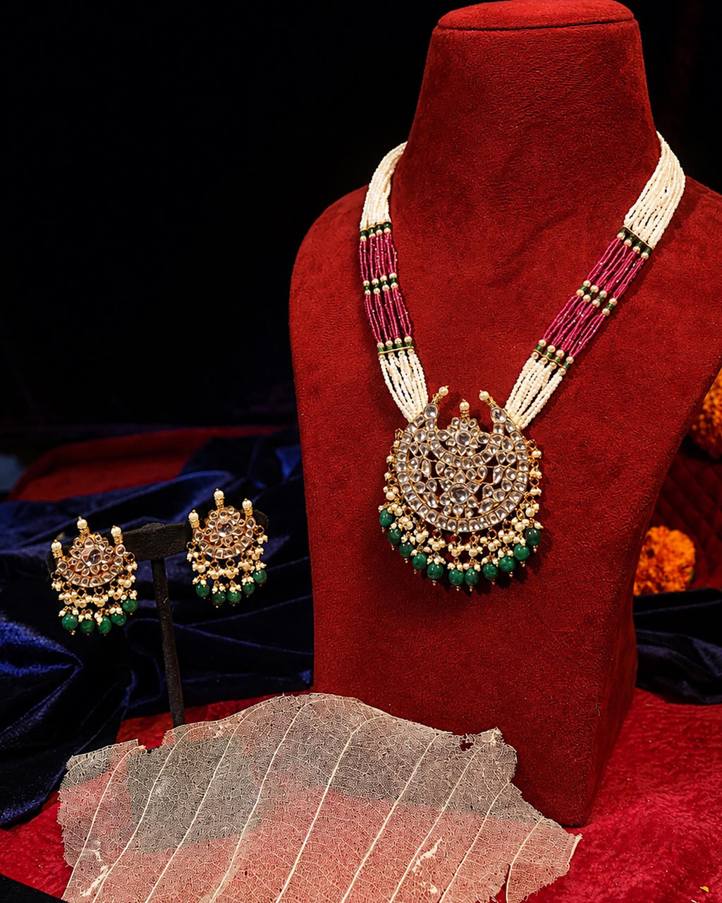 Kundan Chand Pendant Long Necklace Set  Traditional Indian Heritage Mala Ruby Green Accents