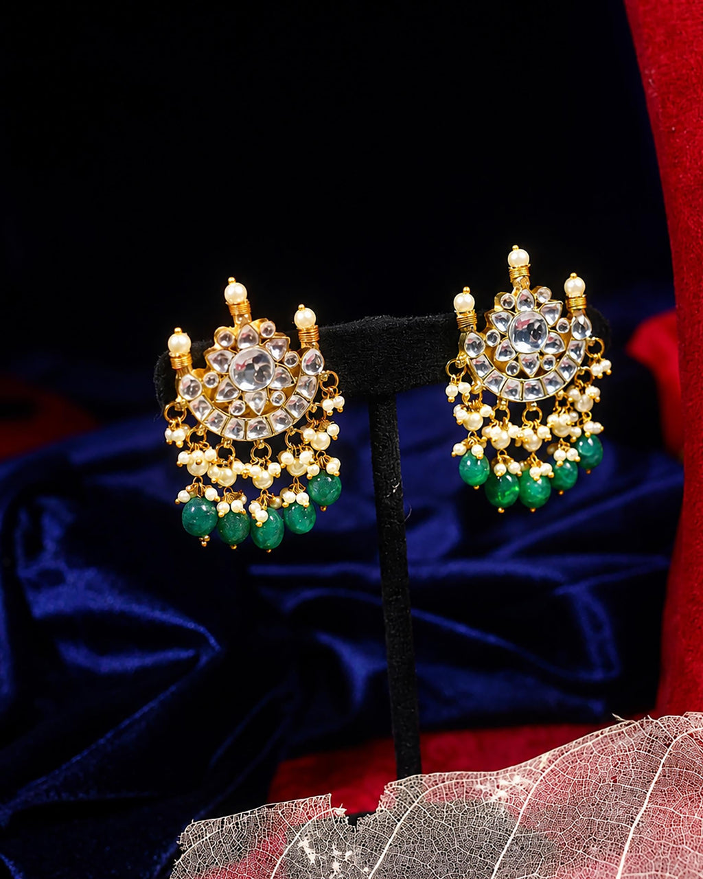 Kundan Chand Pendant Long Necklace Set  Traditional Indian Heritage Mala Ruby Green Accents