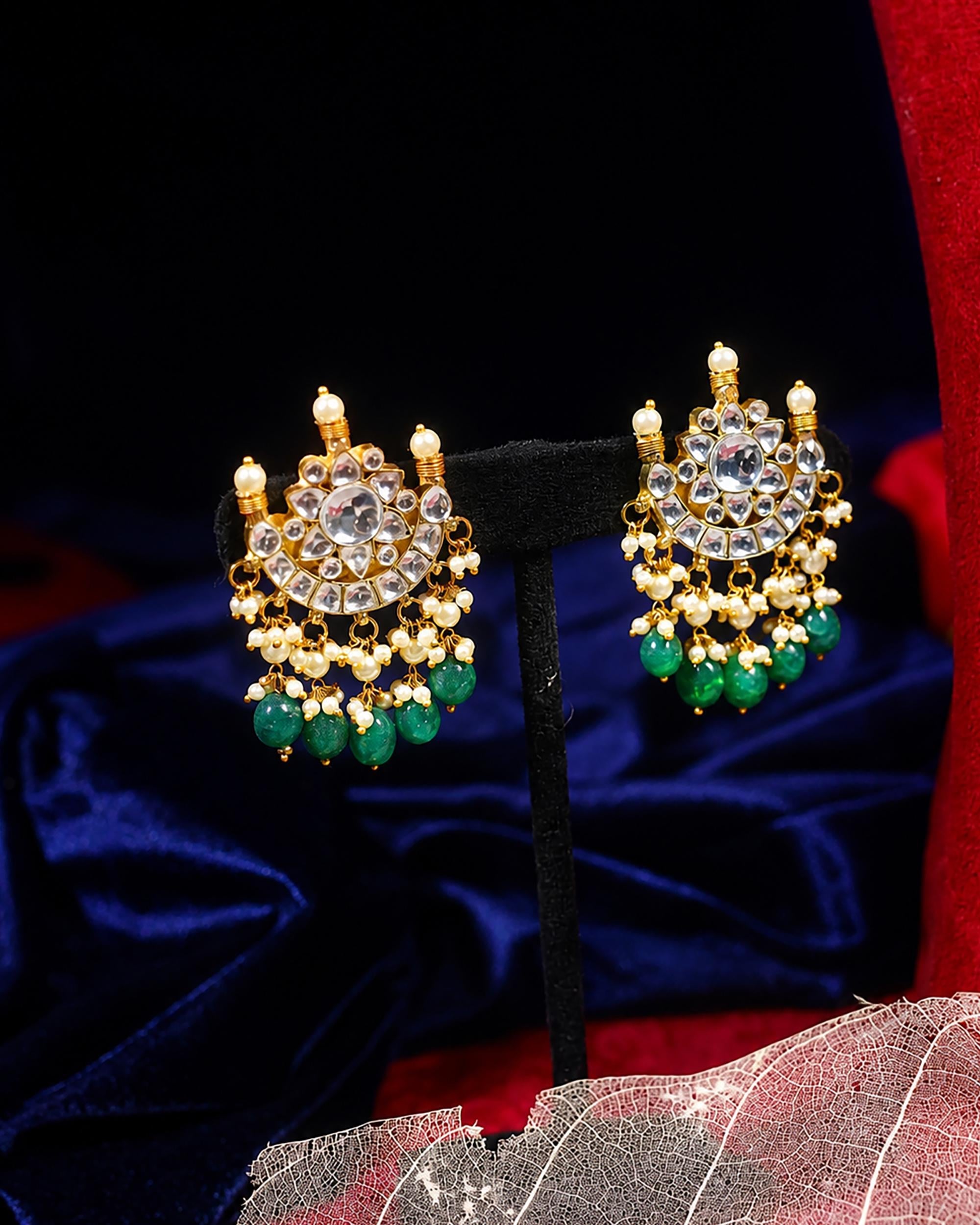 Kundan Chand Pendant Long Necklace Set  Traditional Indian Heritage Mala Ruby Green Accents