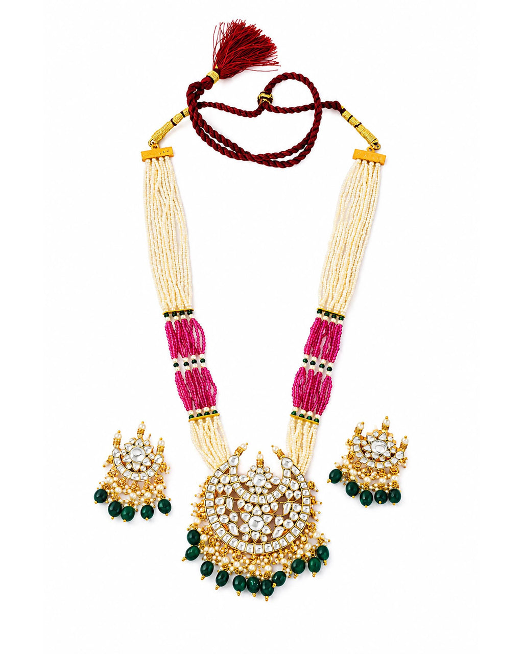 Kundan Chand Pendant Long Necklace Set  Traditional Indian Heritage Mala Ruby Green Accents