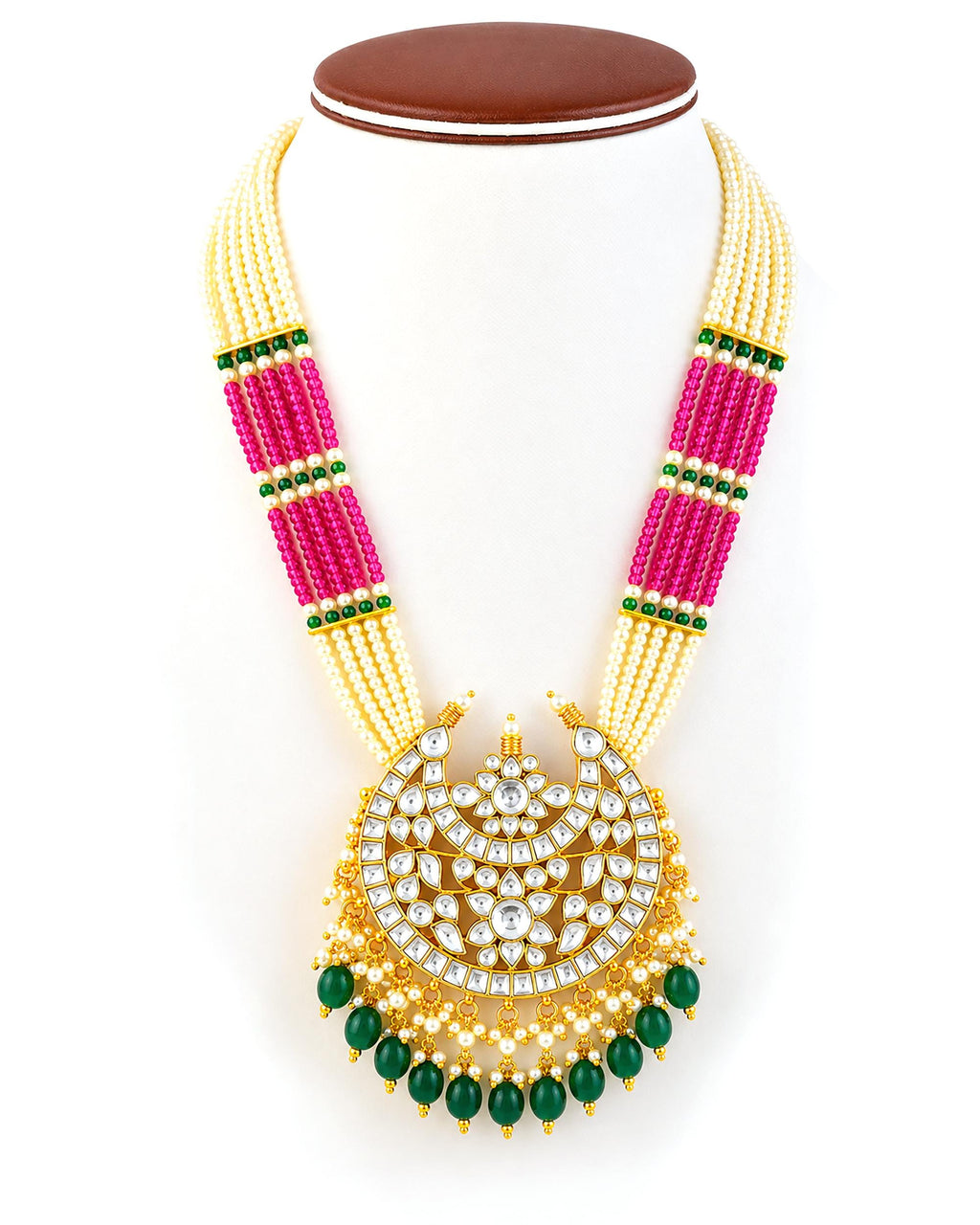 Kundan Chand Pendant Long Necklace Set  Traditional Indian Heritage Mala Ruby Green Accents