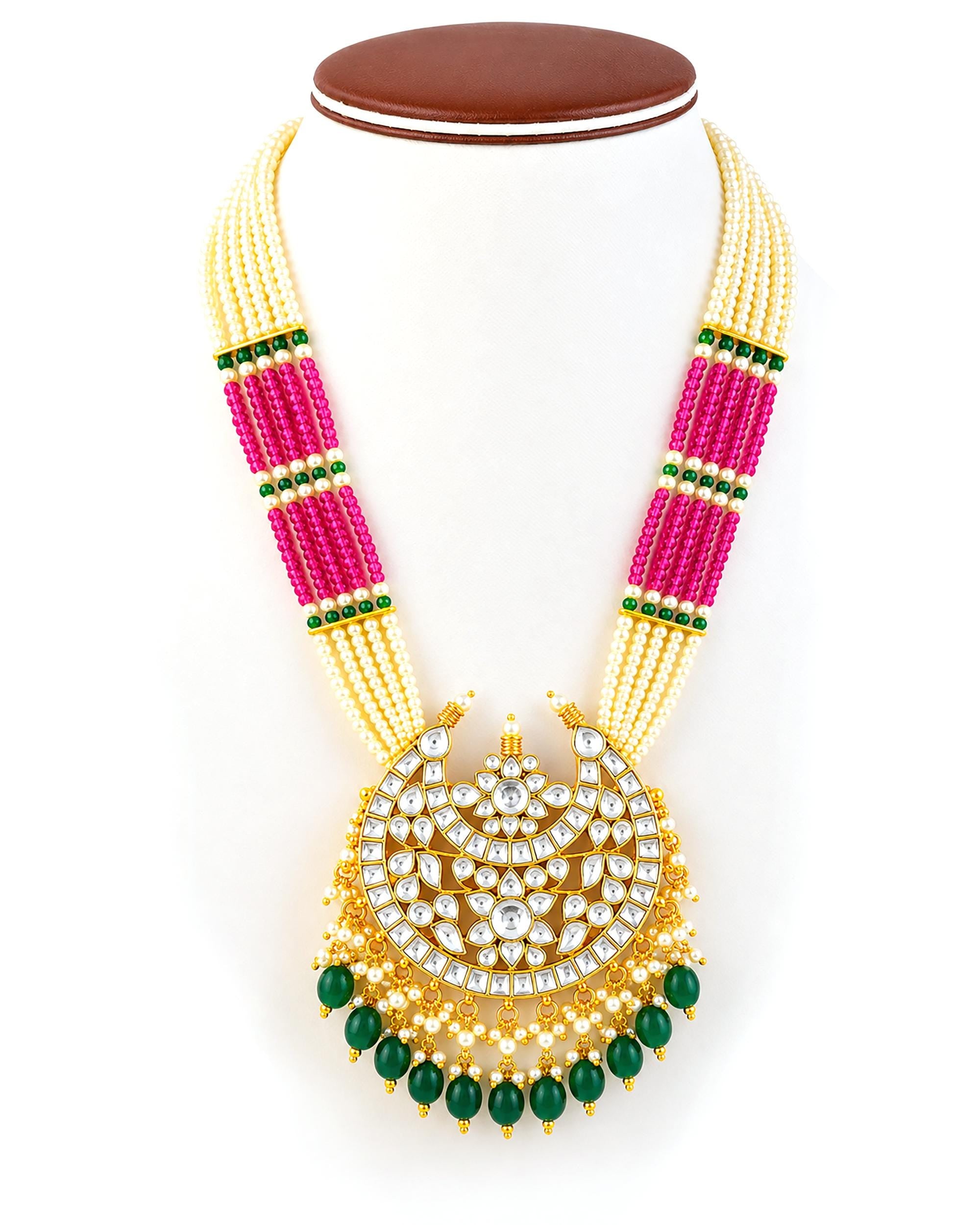 Kundan Chand Pendant Long Necklace Set  Traditional Indian Heritage Mala Ruby Green Accents