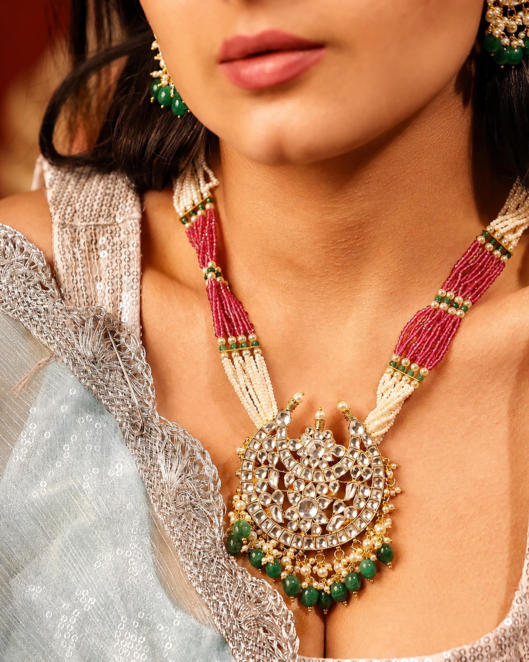 Kundan Chand Pendant Long Necklace Set  Traditional Indian Heritage Mala Ruby Green Accents