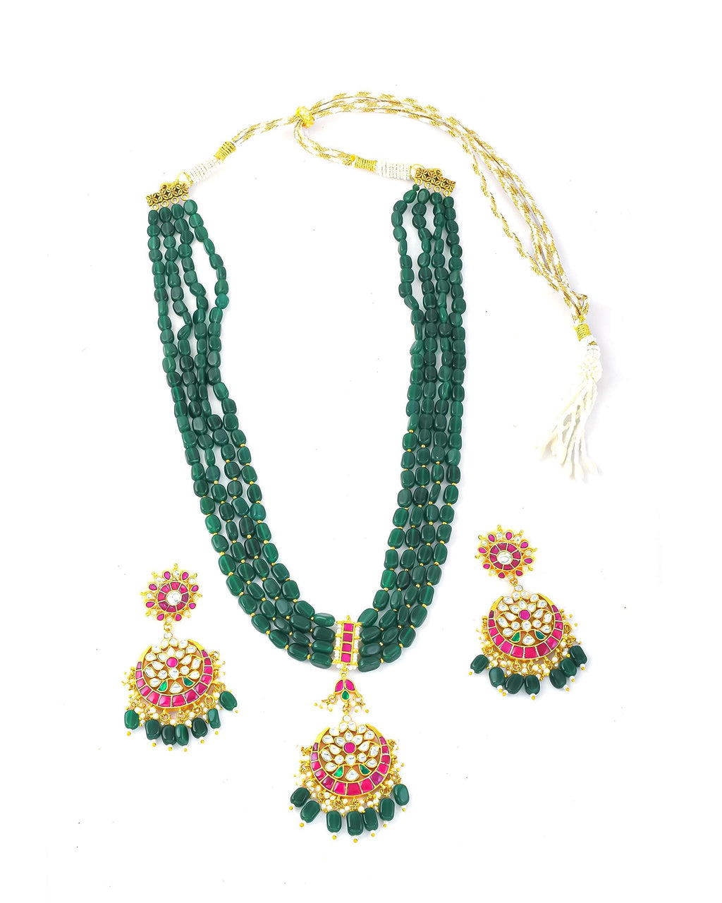 Traditional Indian Green Bead Mala Set - Handcrafted Long Necklace with Kundan & Ruby Accents