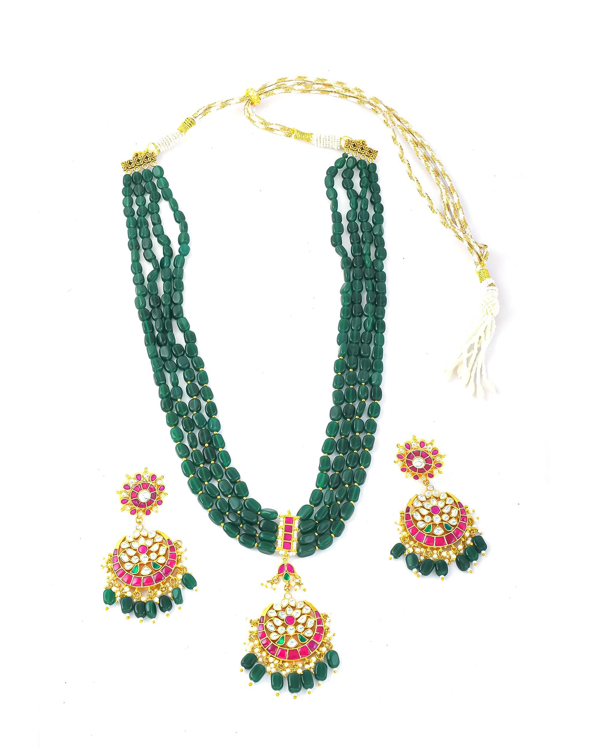 Traditional Indian Green Bead Mala Set - Handcrafted Long Necklace with Kundan & Ruby Accents