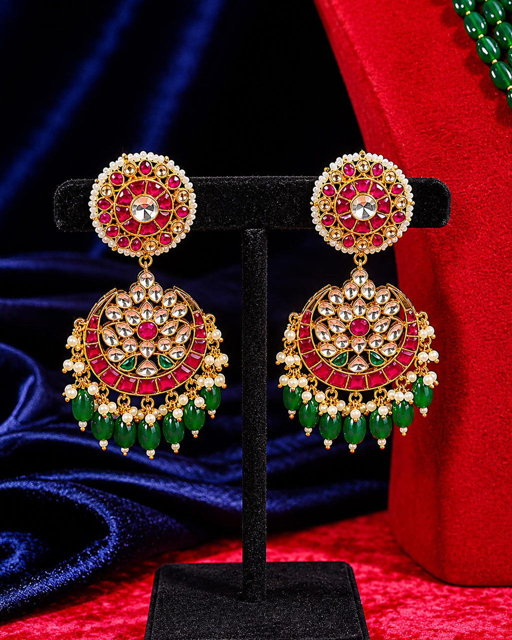 Traditional Indian Green Bead Mala Set - Handcrafted Long Necklace with Kundan & Ruby Accents