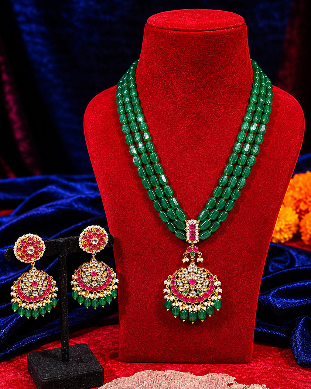 Traditional Indian Green Bead Mala Set - Handcrafted Long Necklace with Kundan & Ruby Accents