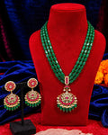 Traditional Indian Green Bead Mala Set - Handcrafted Long Necklace with Kundan & Ruby Accents