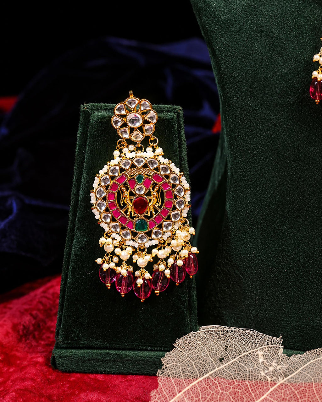 Traditional Indian Green Bead Mala Set - Handcrafted Long Necklace with Kundan & Ruby Accents