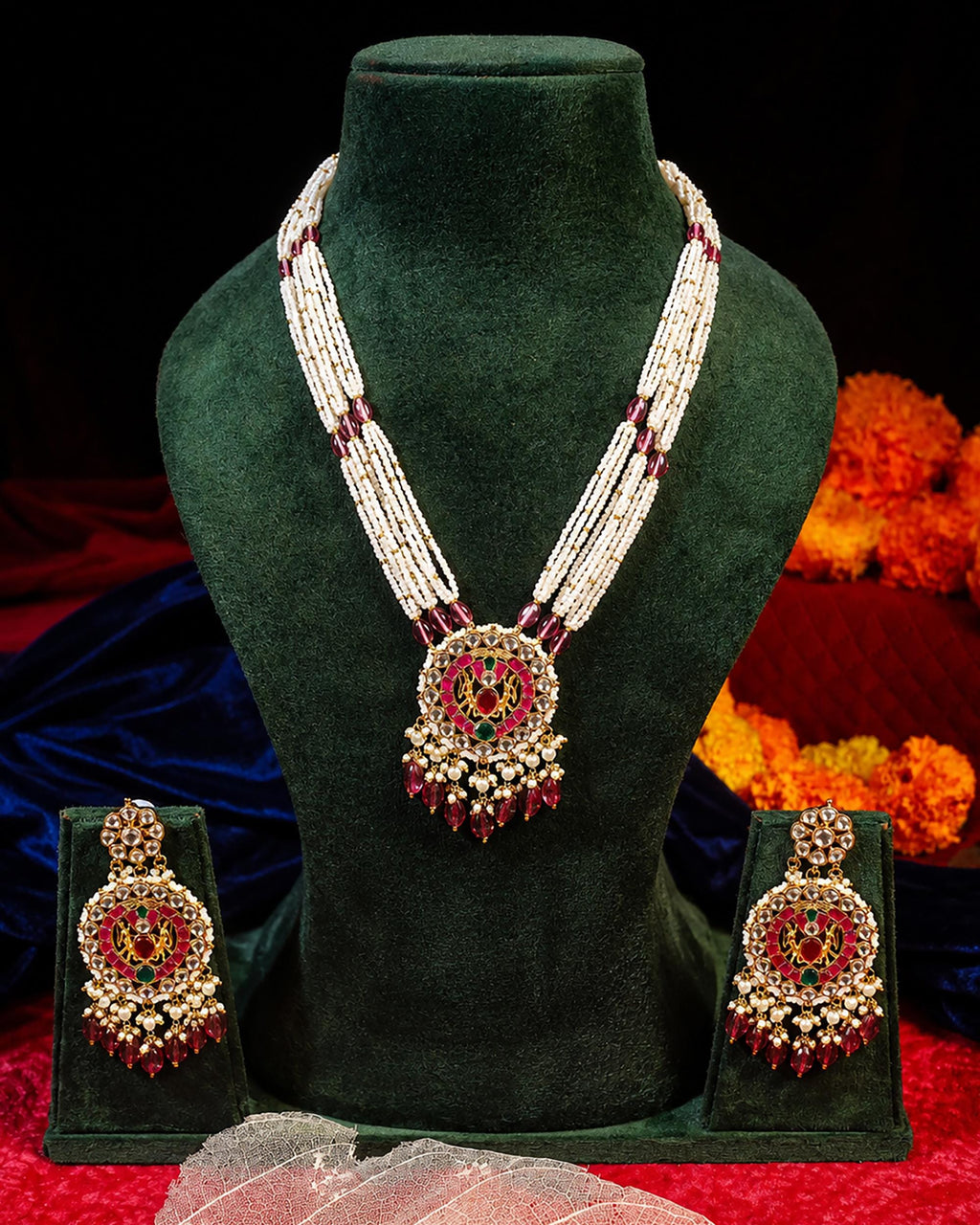 Traditional Indian Green Bead Mala Set - Handcrafted Long Necklace with Kundan & Ruby Accents