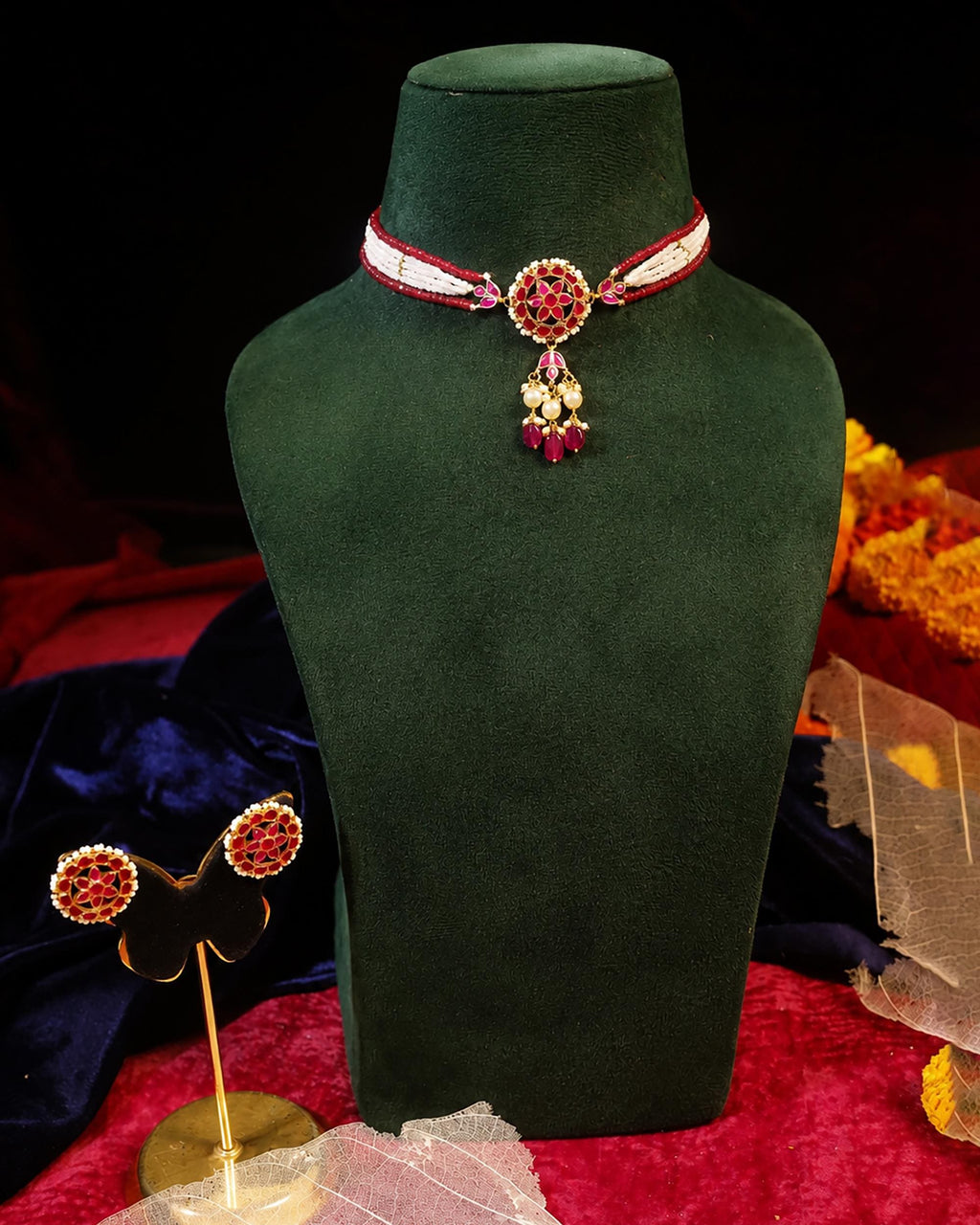 Royal Kundan Statement Pendant & Three-Strand Pearl Mala Set with Emerald Green Drops