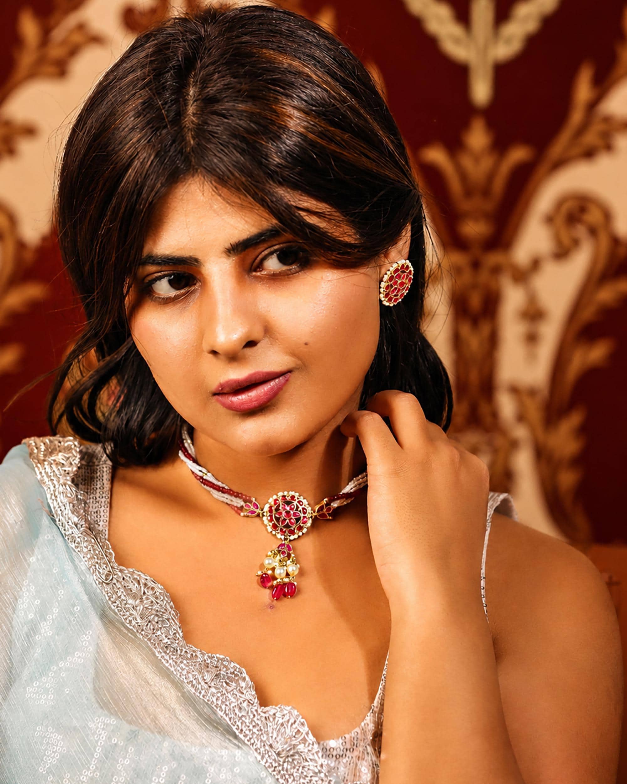 Royal Kundan Statement Pendant & Three-Strand Pearl Mala Set with Emerald Green Drops