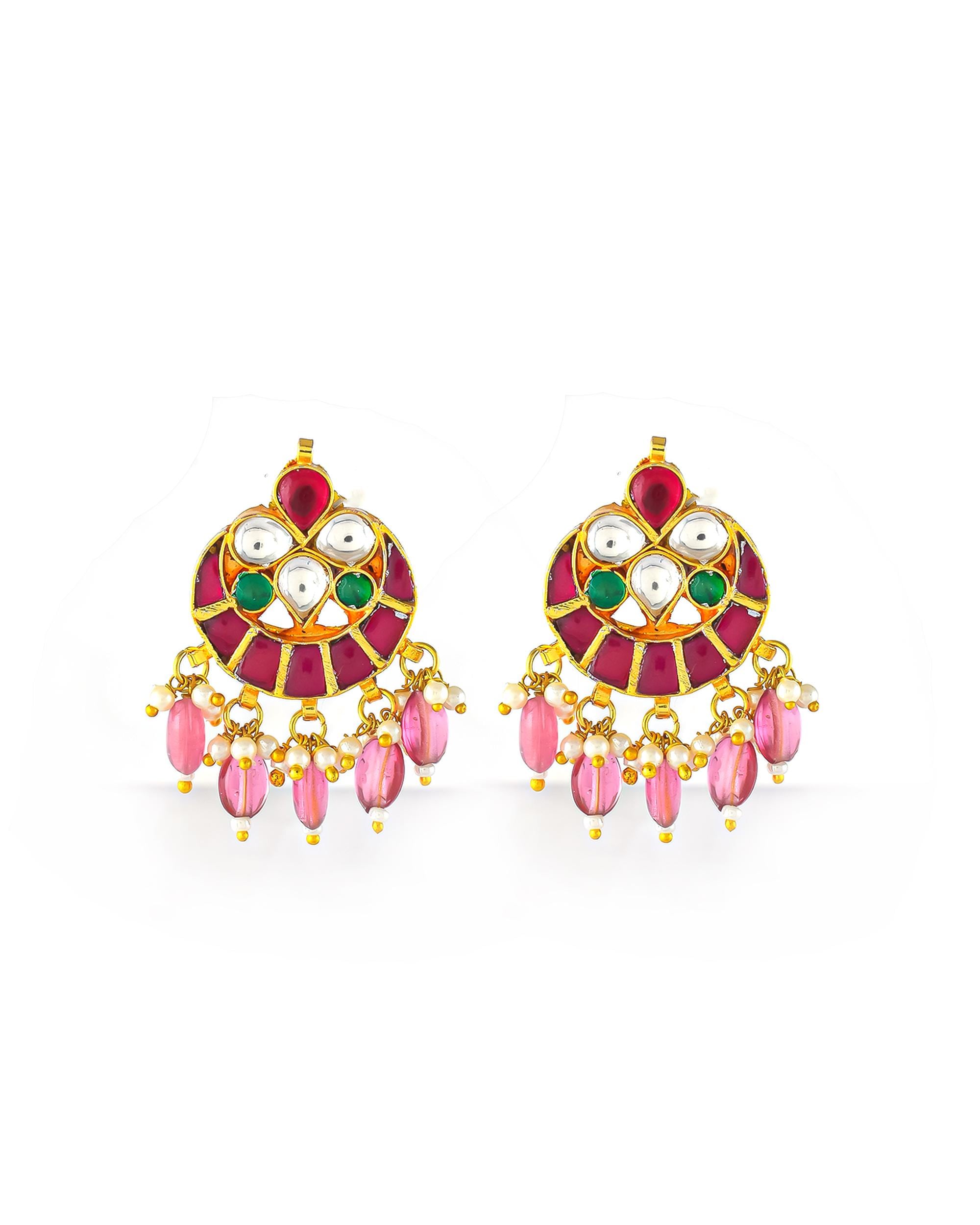 Exquisite Kundan & Pink Bead Haar Set with Matching Earrings