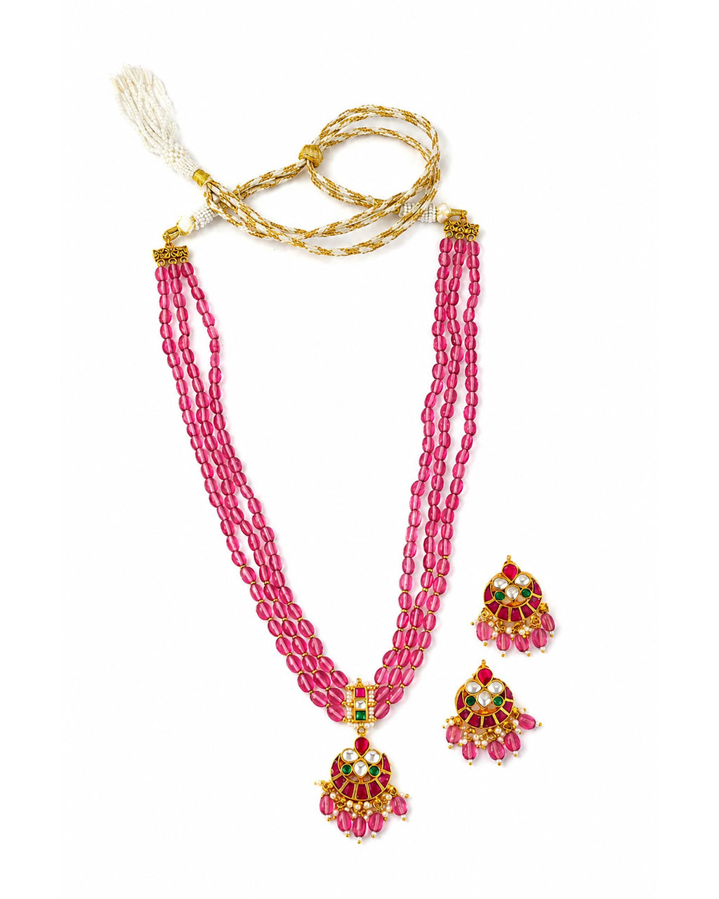 Exquisite Kundan & Pink Bead Haar Set with Matching Earrings
