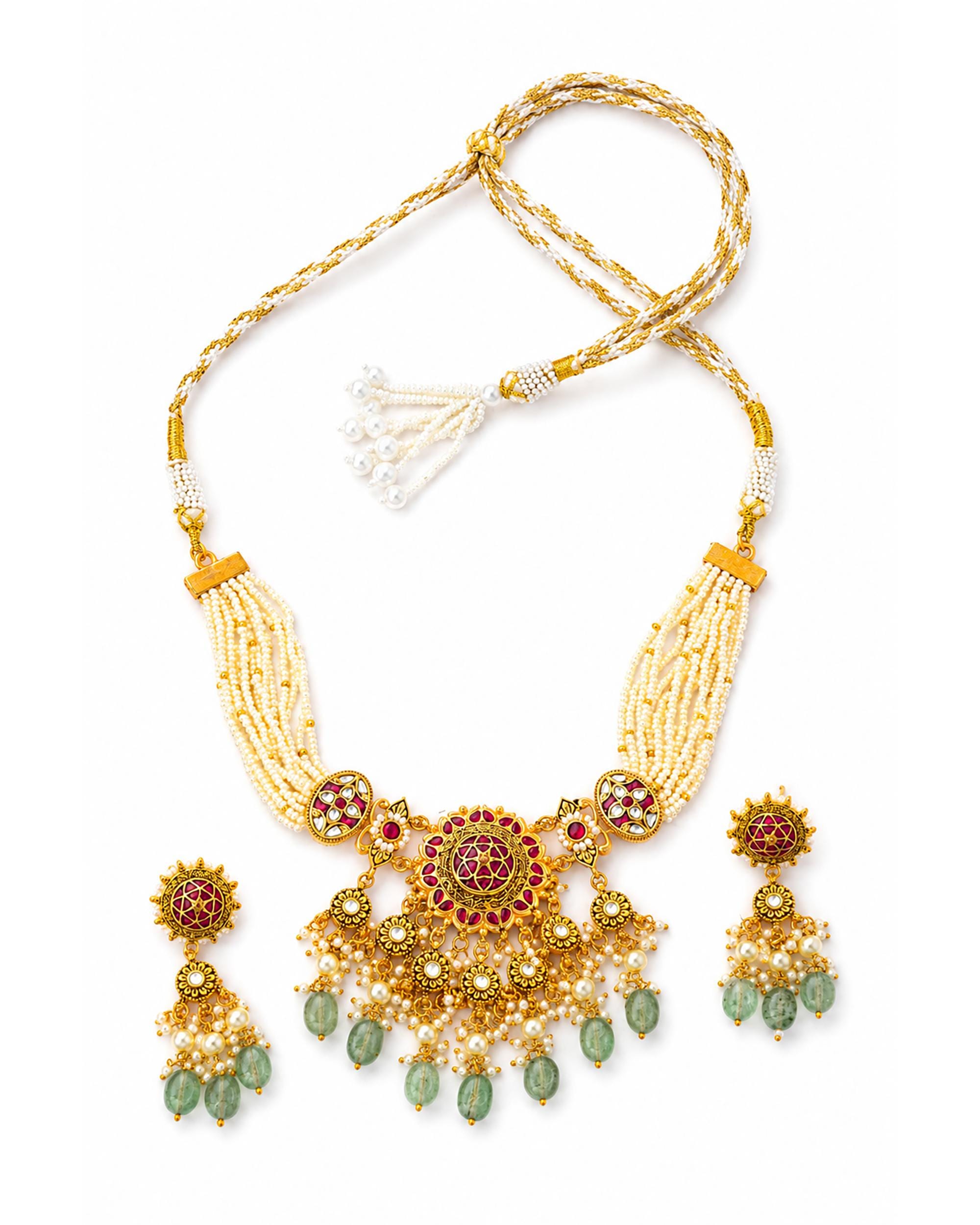 Antique Gold Jadau Kundan Festive Necklace Set with Mint Green Drops