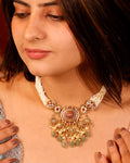 Antique Gold Jadau Kundan Festive Necklace Set with Mint Green Drops
