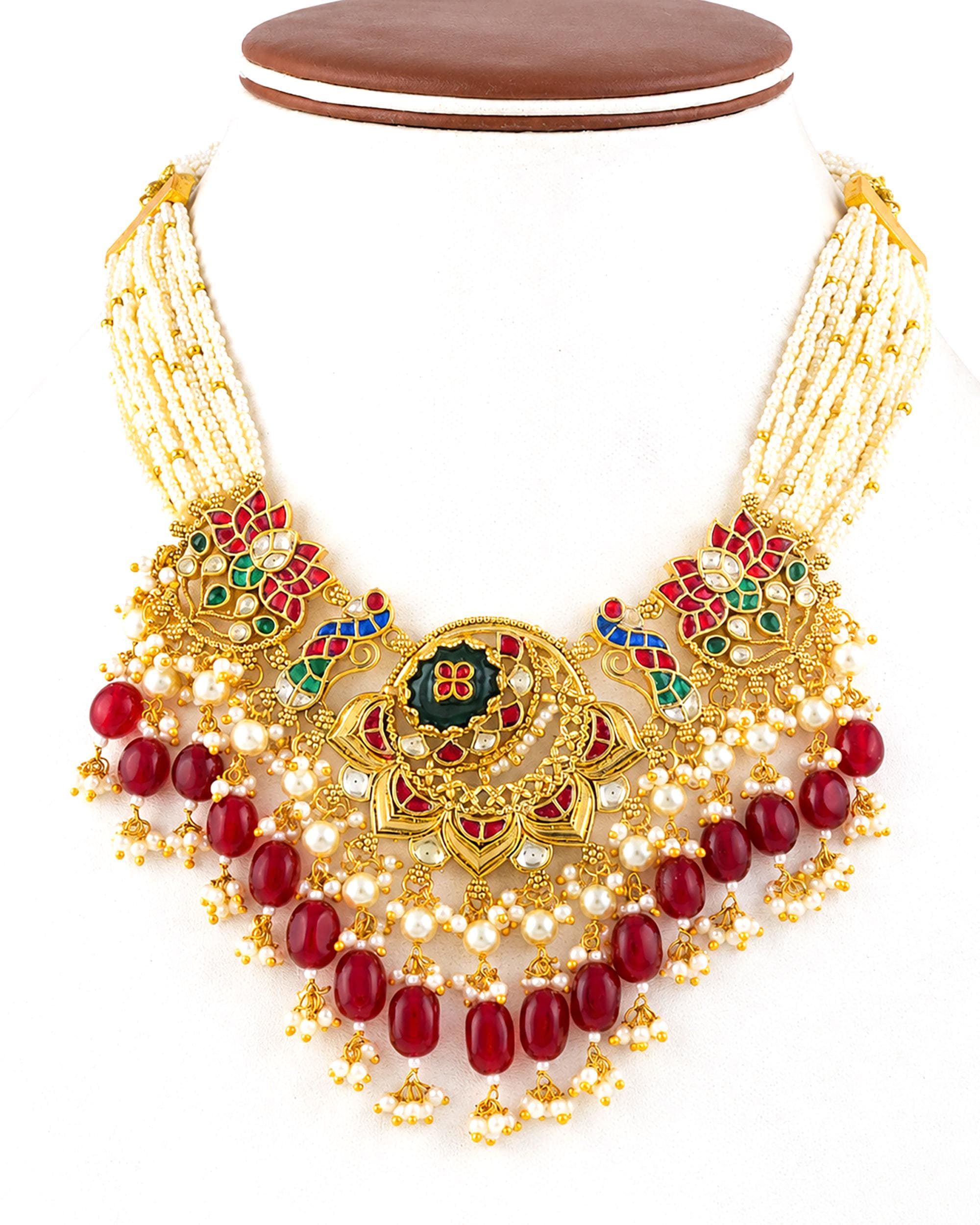 Royal Meenakari Peacock & Lotus Bridal Haar Set with Deep Crimson Drops
