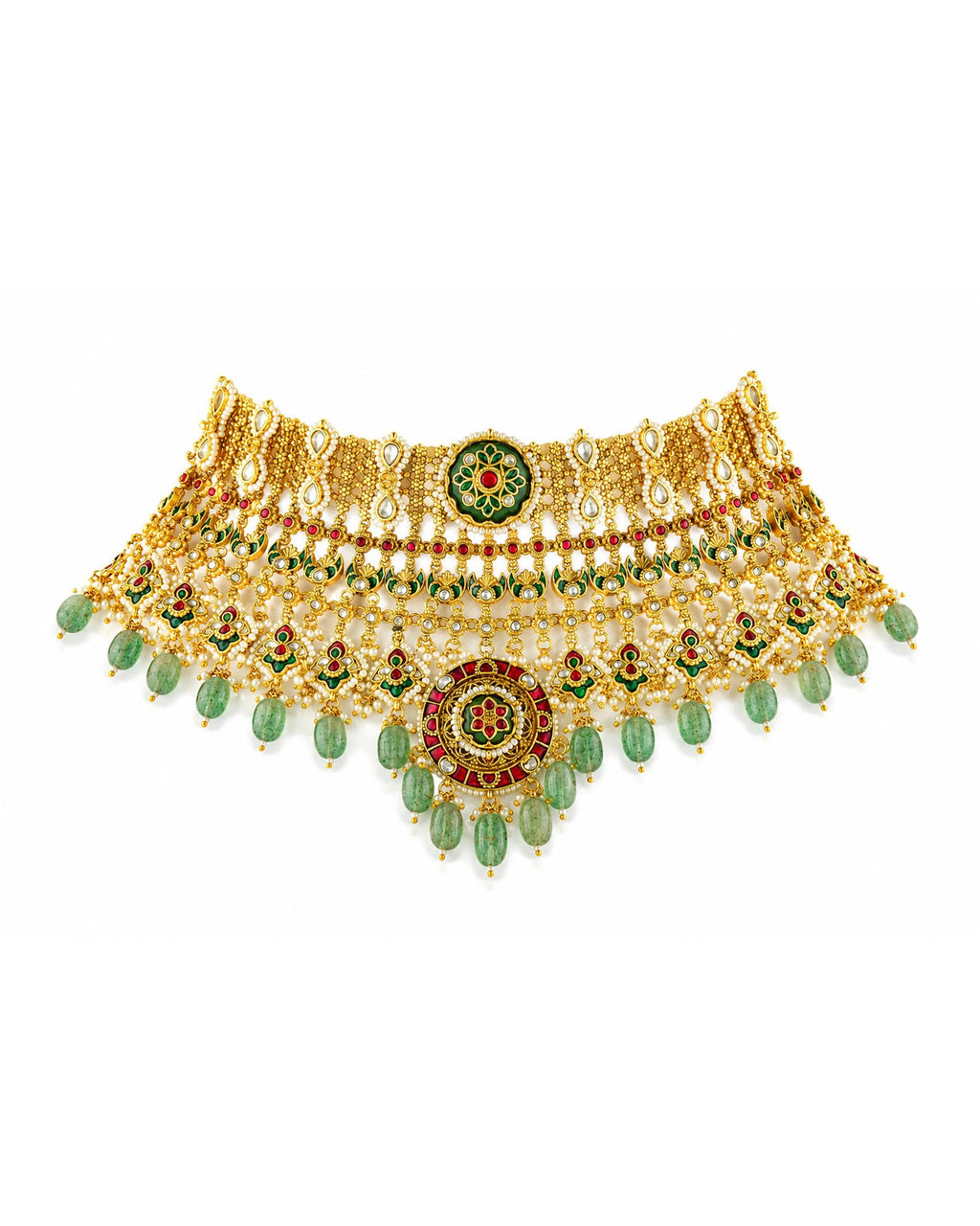 Regal Antique Gold Kundan Choker Set with Emerald Green Drops