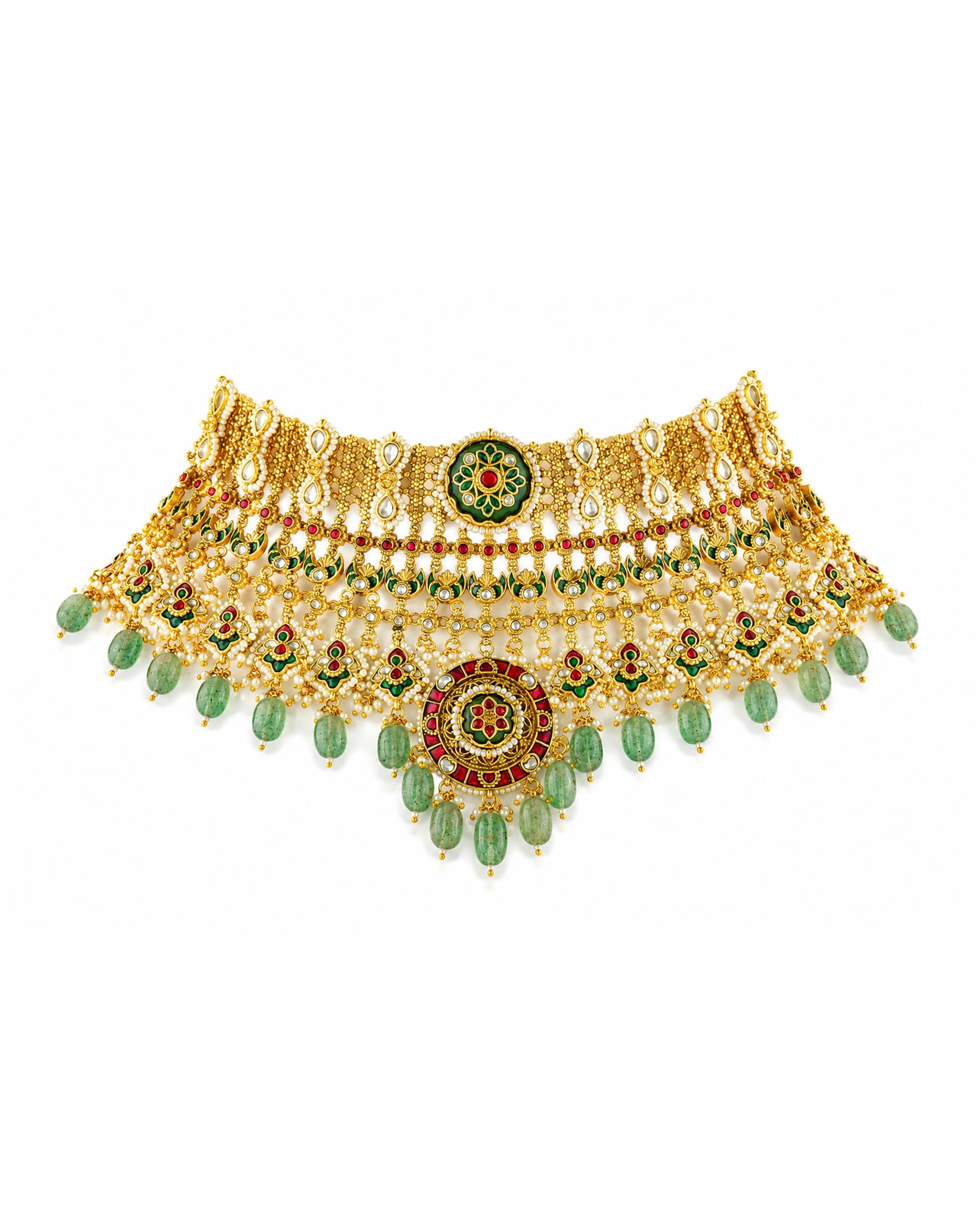 Regal Antique Gold Kundan Choker Set with Emerald Green Drops