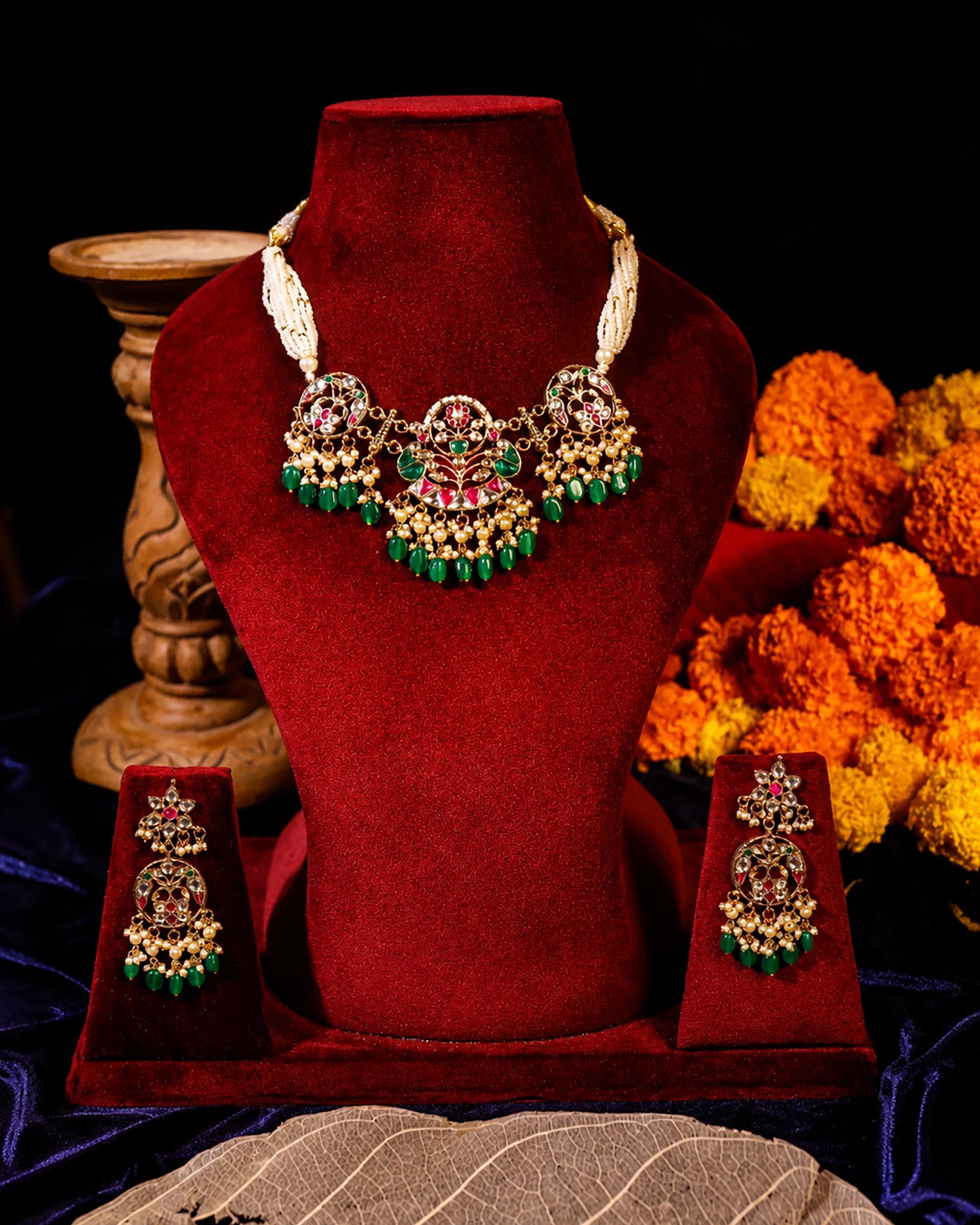 Royal Kundan & Meenakari Peacock Choker Set with Emerald Green Drops