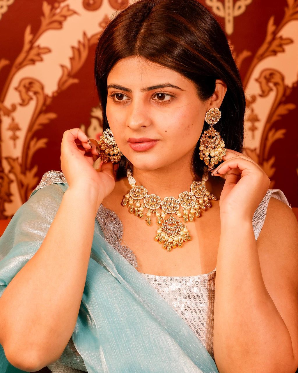 Classic Royal Kundan & Pearl Choker Set with Golden Bud Drops