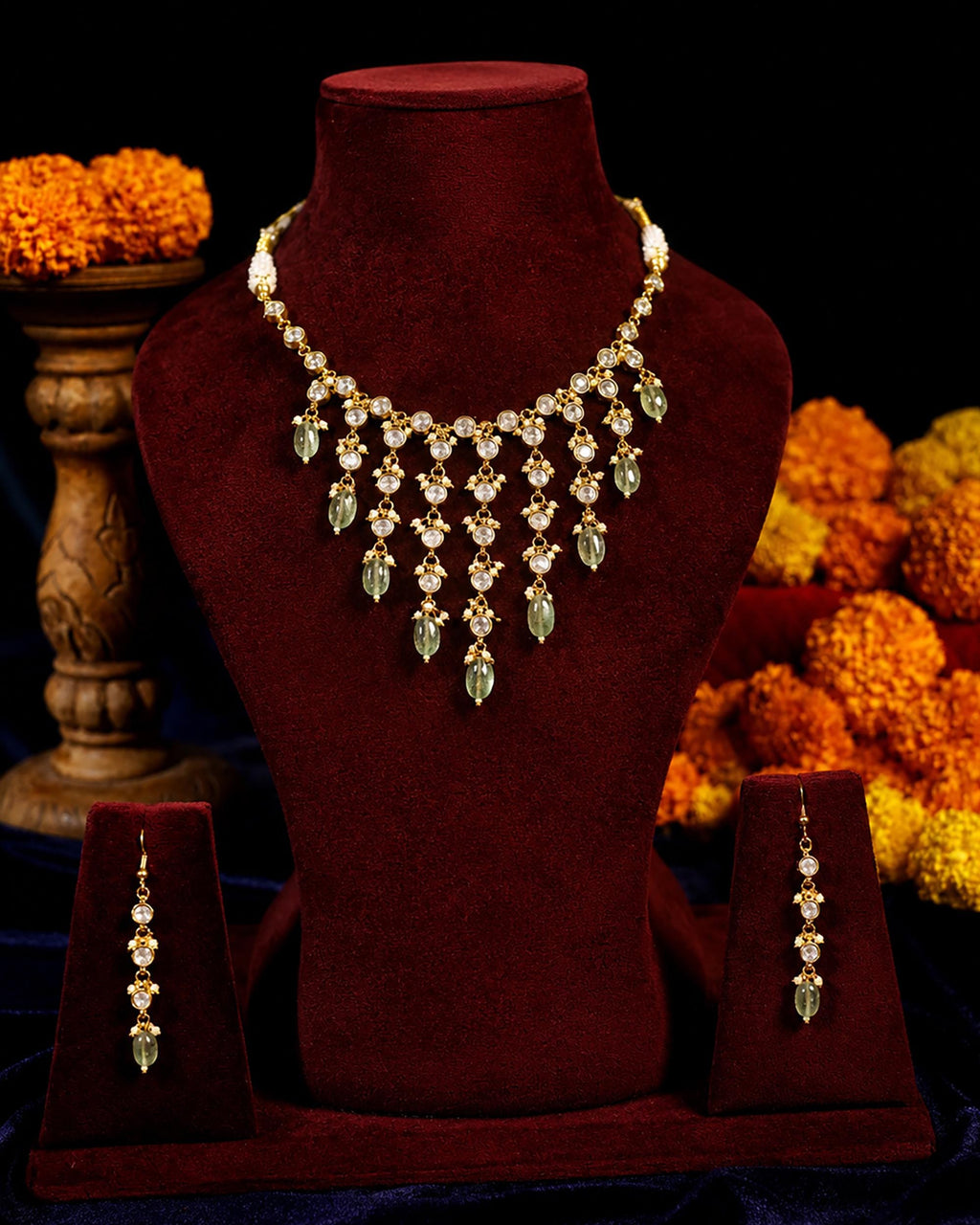 Royal Kundan & Emerald Green Bead Necklace Set with Matching Drop Earrings