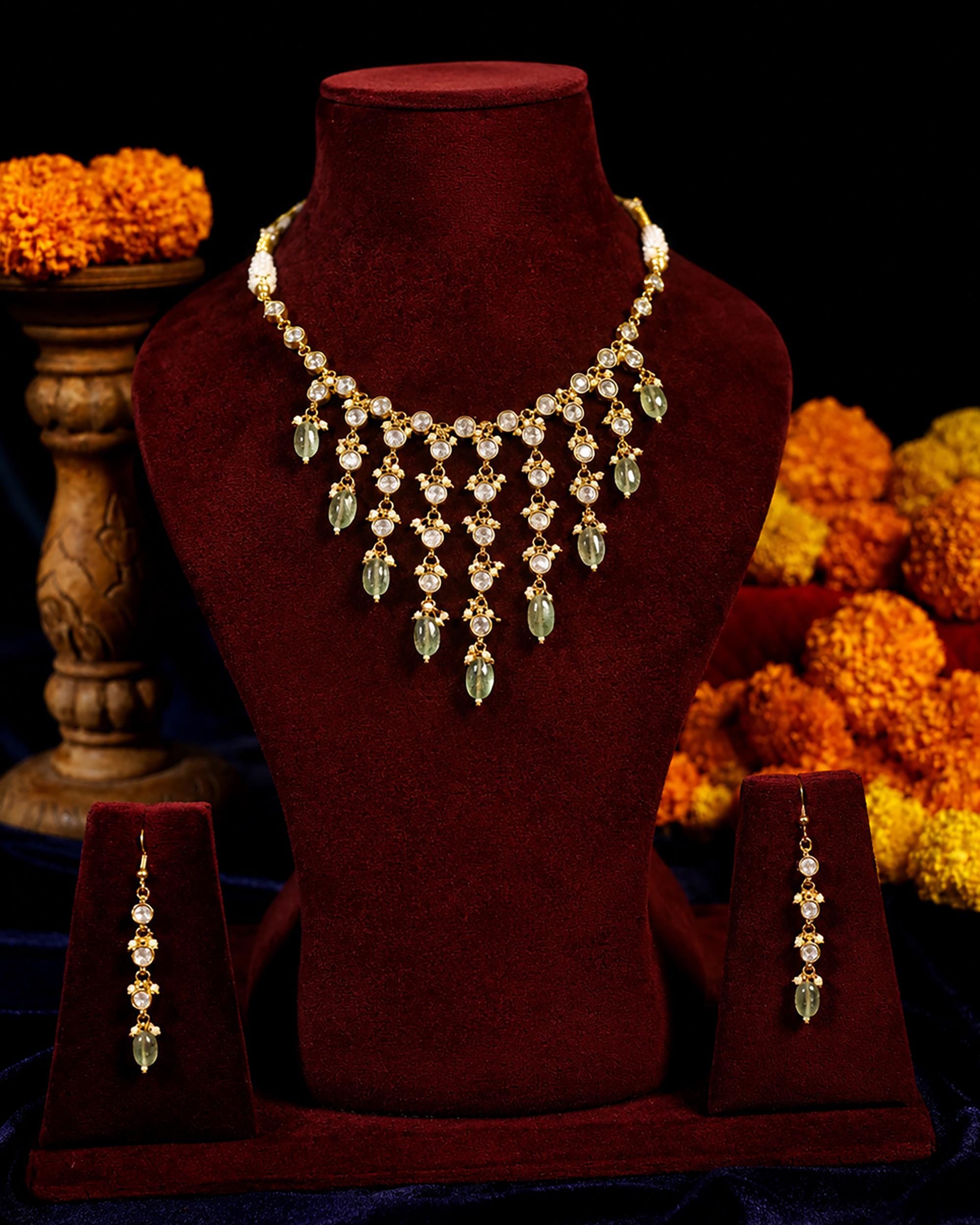 Royal Kundan & Emerald Green Bead Necklace Set with Matching Drop Earrings