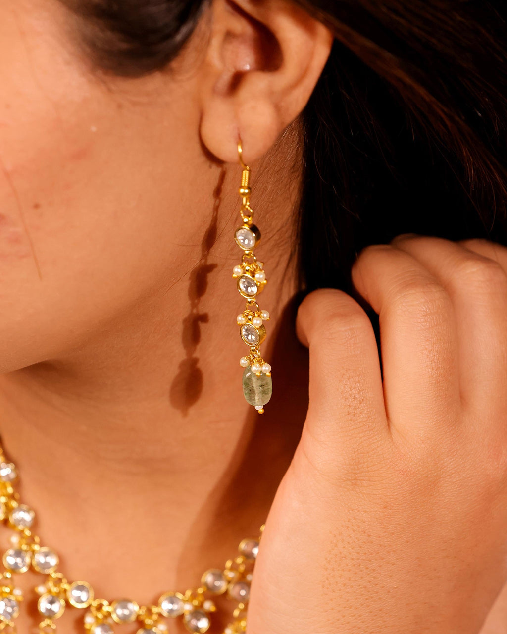 Royal Kundan & Emerald Green Bead Necklace Set with Matching Drop Earrings