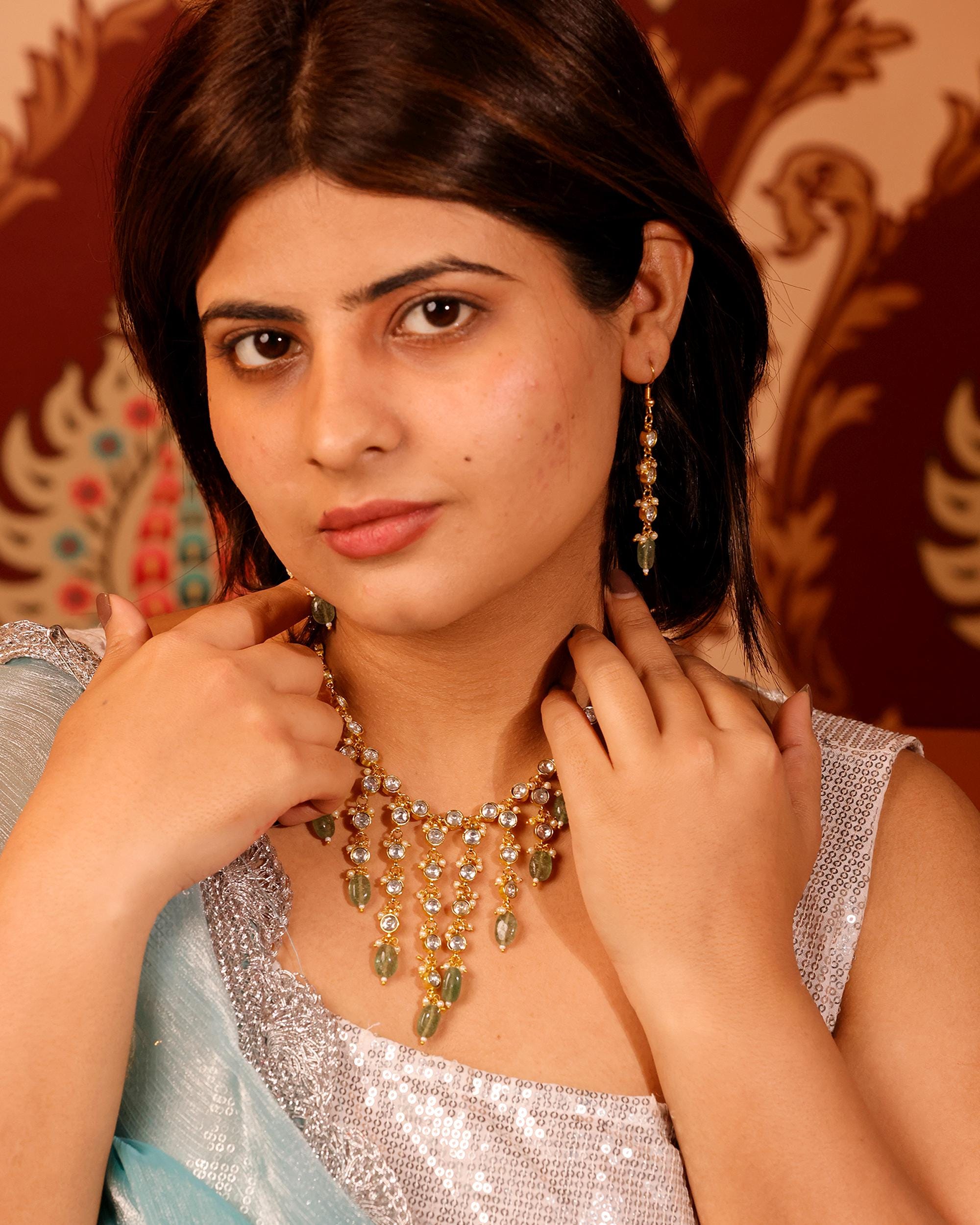 Royal Kundan & Emerald Green Bead Necklace Set with Matching Drop Earrings