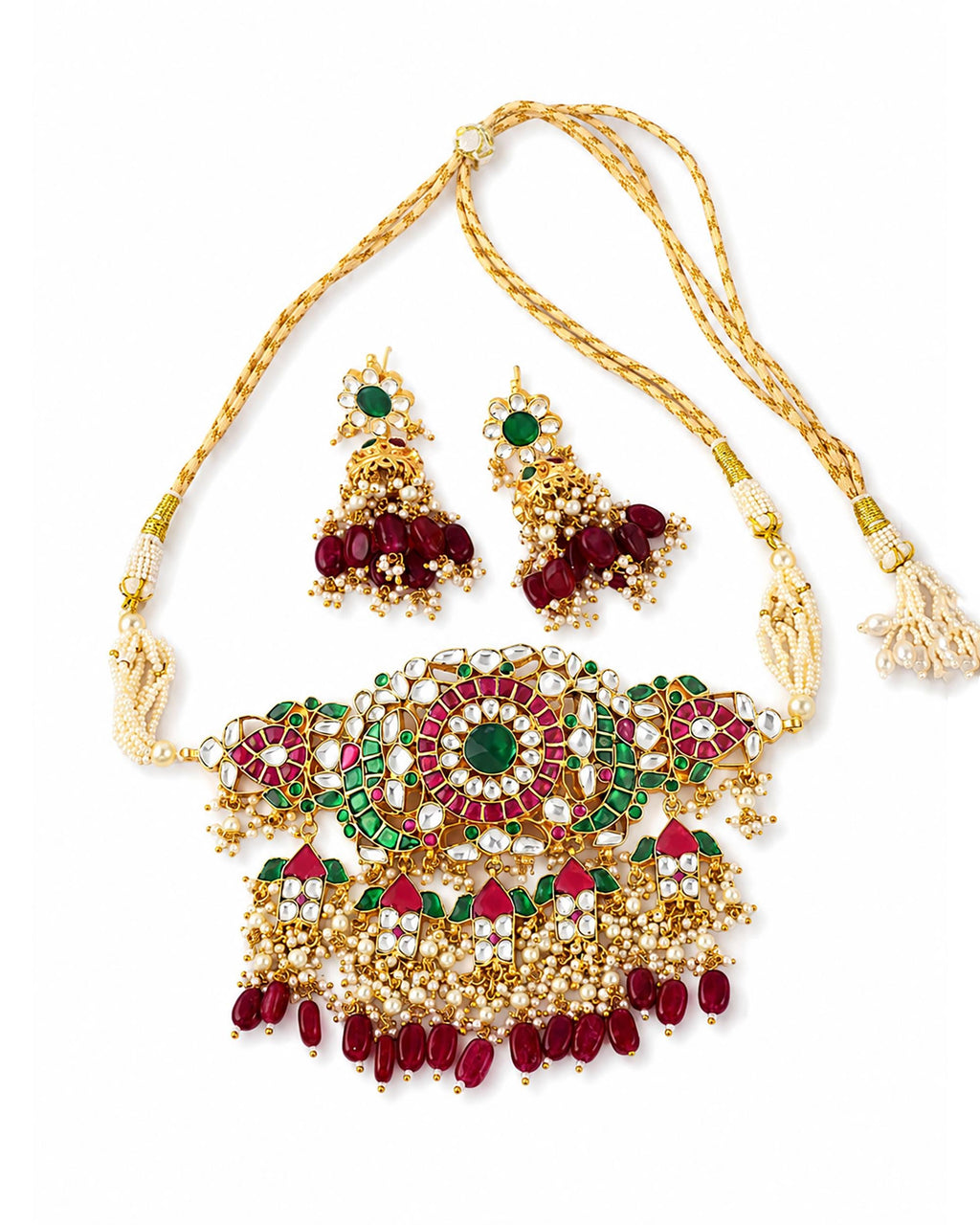 Royal Navratna-Inspired Kundan Choker Set with Meenakari Work & Ruby-Red Drop Jhumkas