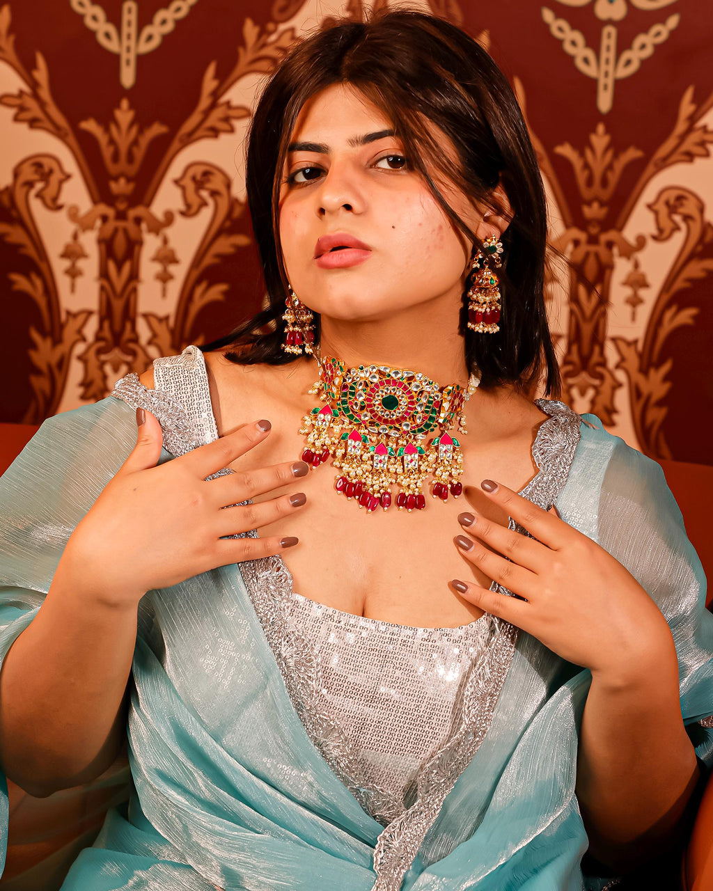 Royal Navratna-Inspired Kundan Choker Set with Meenakari Work & Ruby-Red Drop Jhumkas