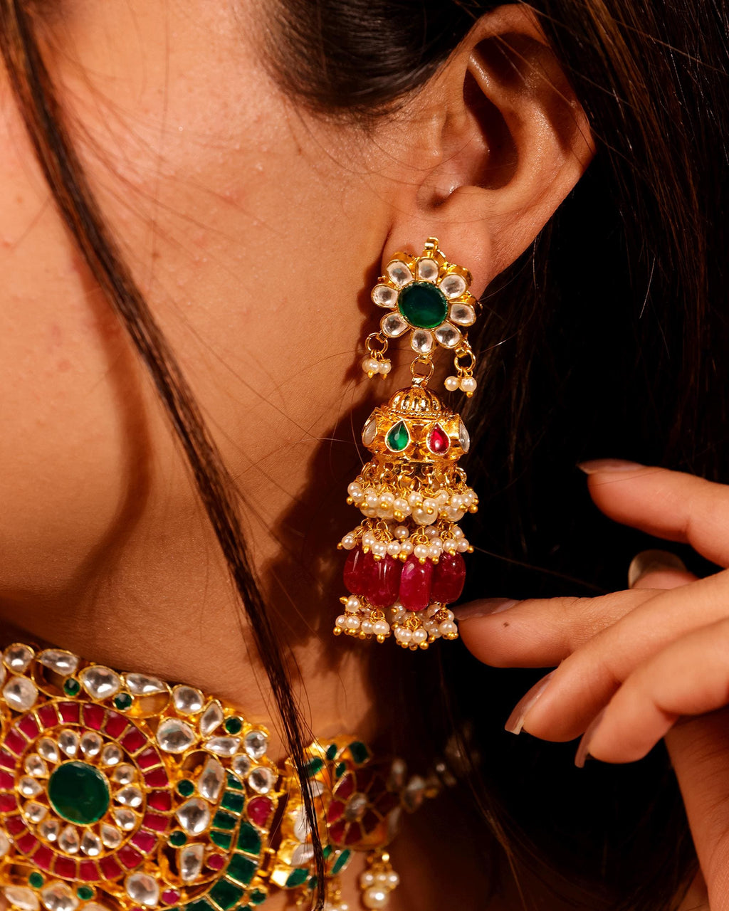 Royal Navratna-Inspired Kundan Choker Set with Meenakari Work & Ruby-Red Drop Jhumkas