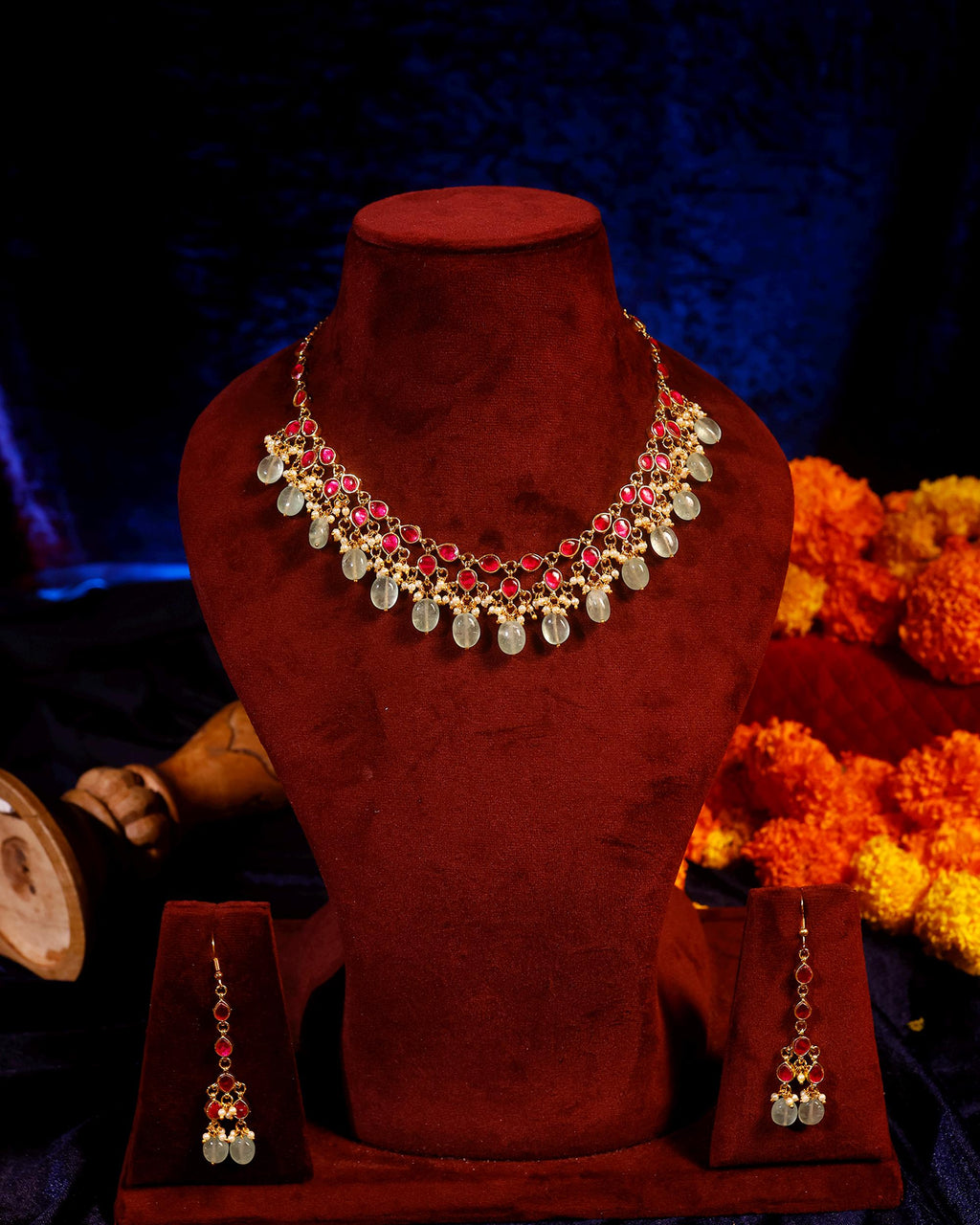 Elegant Ruby-Red Stone & Mint Green Drop Bead Jewelry Set with Matching Earrings