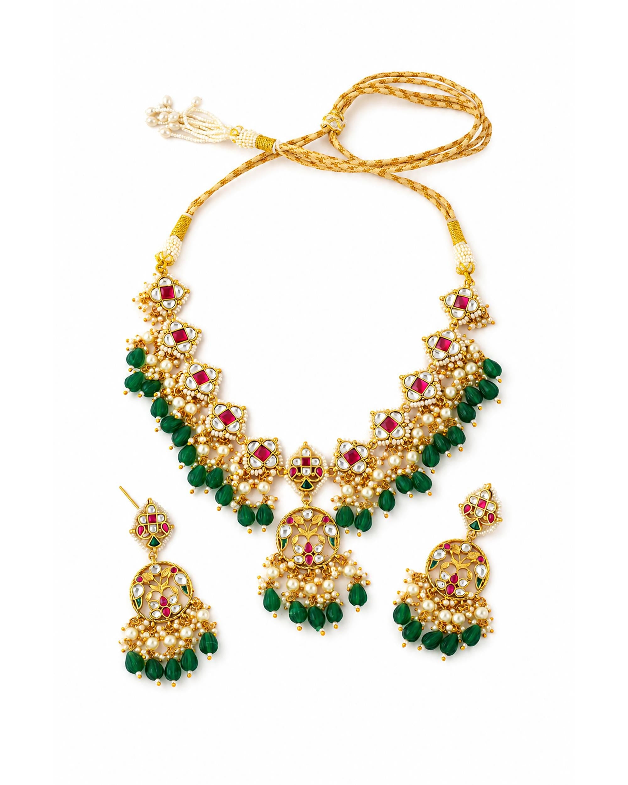 Royal Sabyasachi-Inspired Kundan Collar Necklace Set with Ruby Accents & Emerald Green Droplets