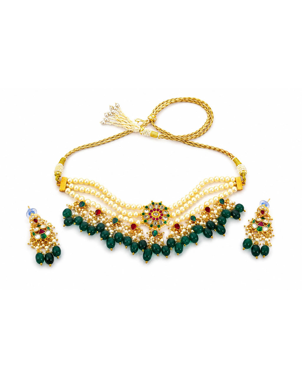 Royal Sabyasachi-Inspired Kundan Collar Necklace Set with Ruby Accents & Emerald Green Droplets