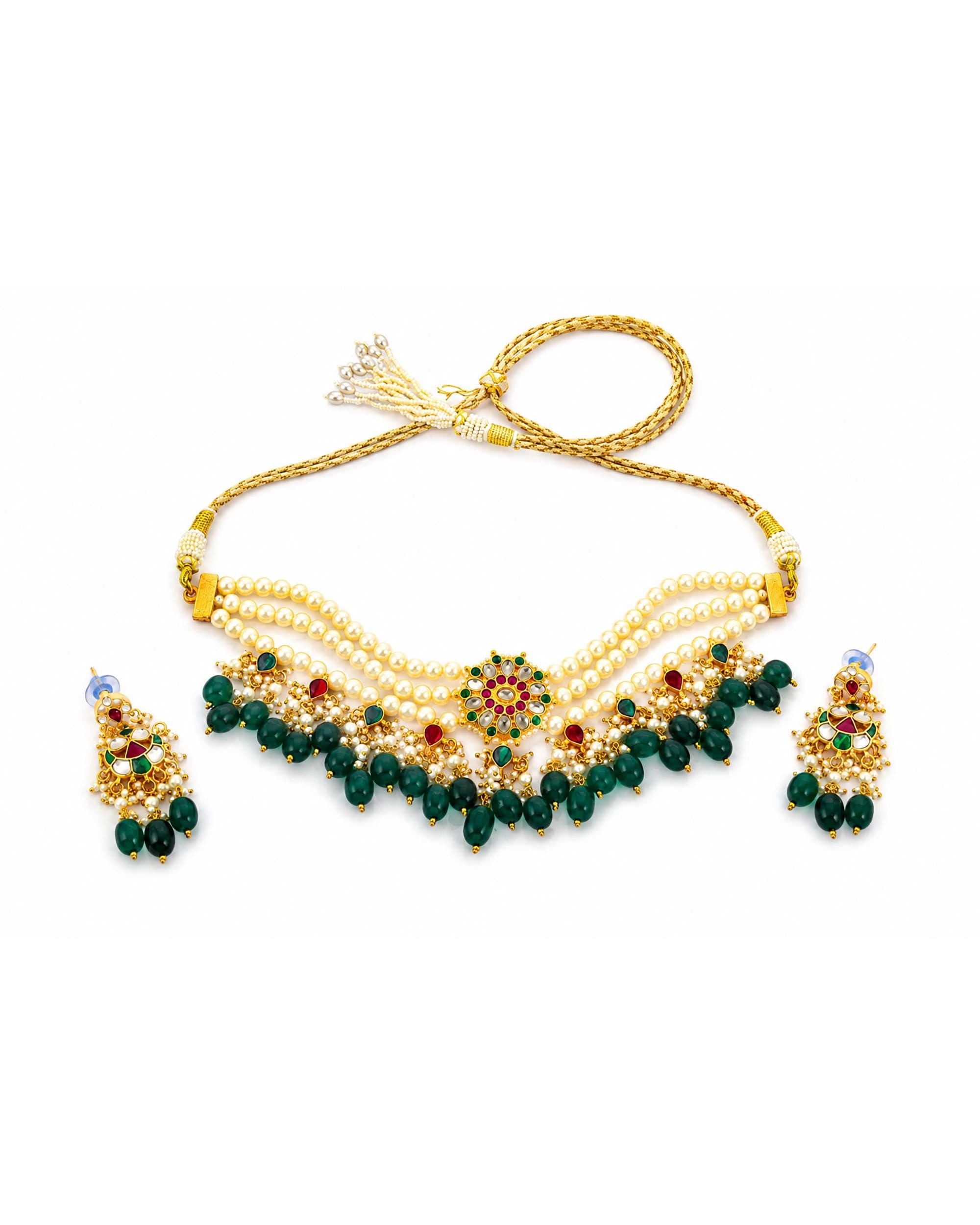 Royal Sabyasachi-Inspired Kundan Collar Necklace Set with Ruby Accents & Emerald Green Droplets