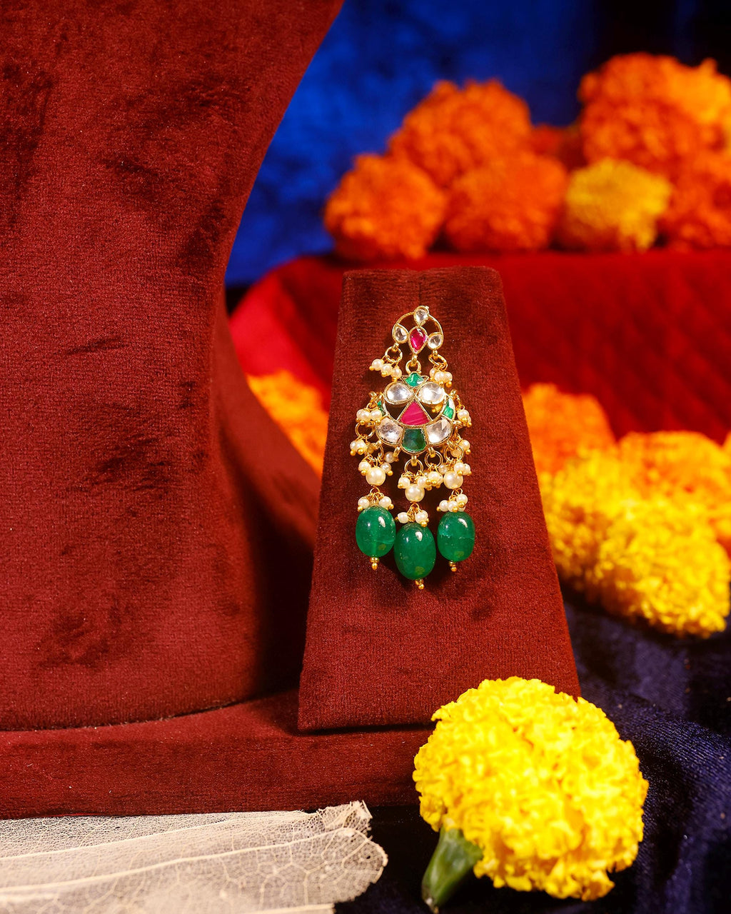 Royal Sabyasachi-Inspired Kundan Collar Necklace Set with Ruby Accents & Emerald Green Droplets
