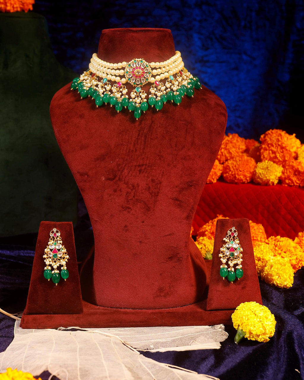 Royal Sabyasachi-Inspired Kundan Collar Necklace Set with Ruby Accents & Emerald Green Droplets
